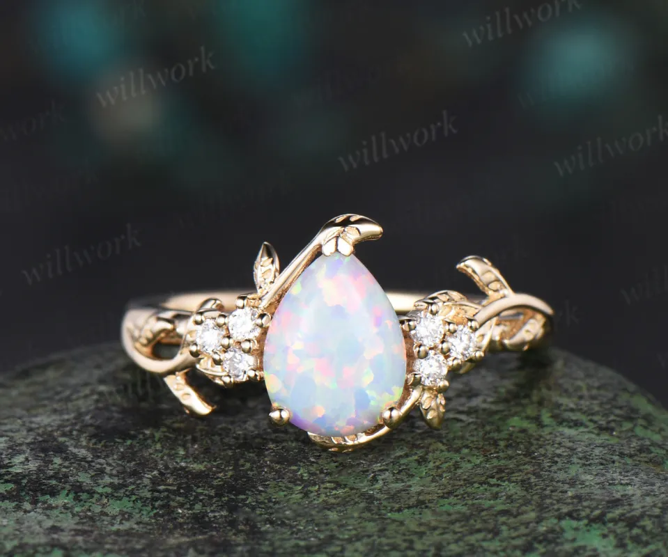 Pear shaped white opal engagement ring vintage twisted vine leaf diamond ring vintage nature inspired anniversary gift opal jewelry sold by Willwork Jewelry