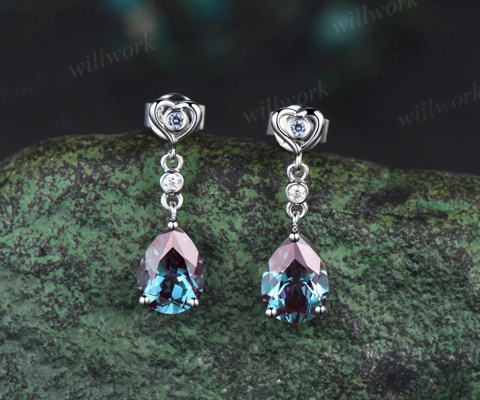 Pear shaped alexandrite earrings 14k white gold bezel three stone moissanite heart stud earrings women anniversary gift sold by Willwork Jewelry