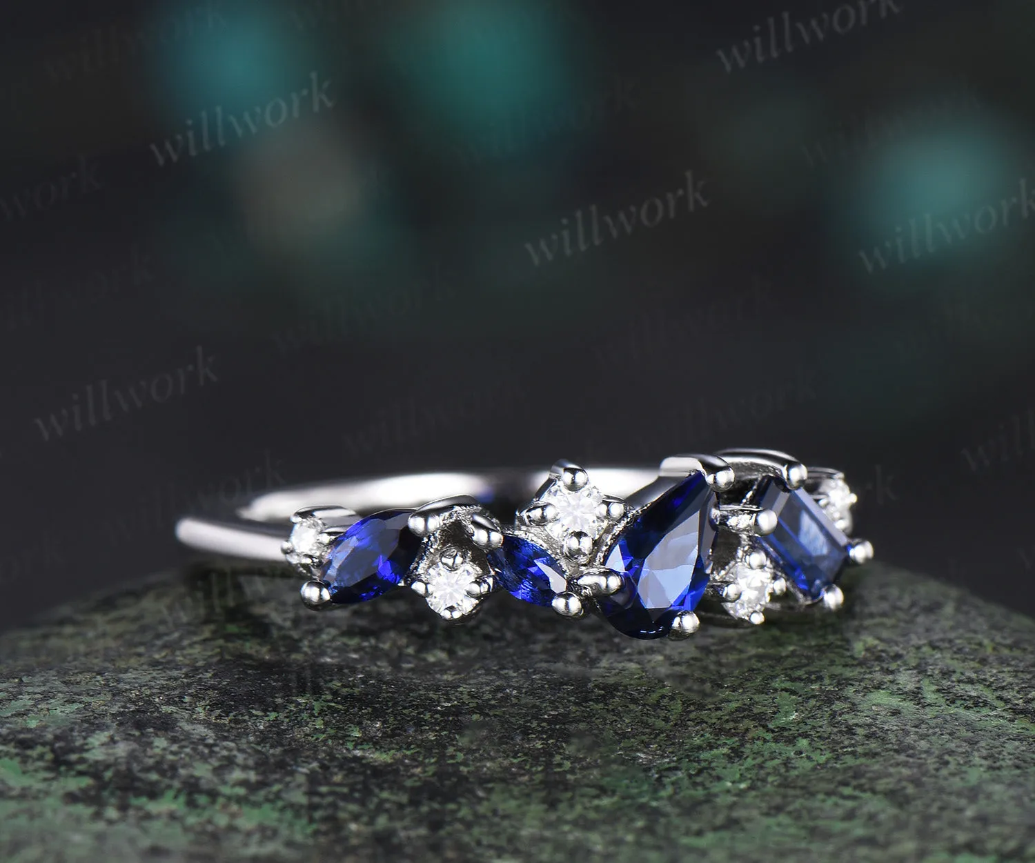 Vintage pear blue sapphire ring art deco Baguette sapphire ring dainty moissanite ring women solid 14k white gold anniversary wedding ring gift sold by Willwork Jewelry product image thumbnail 3