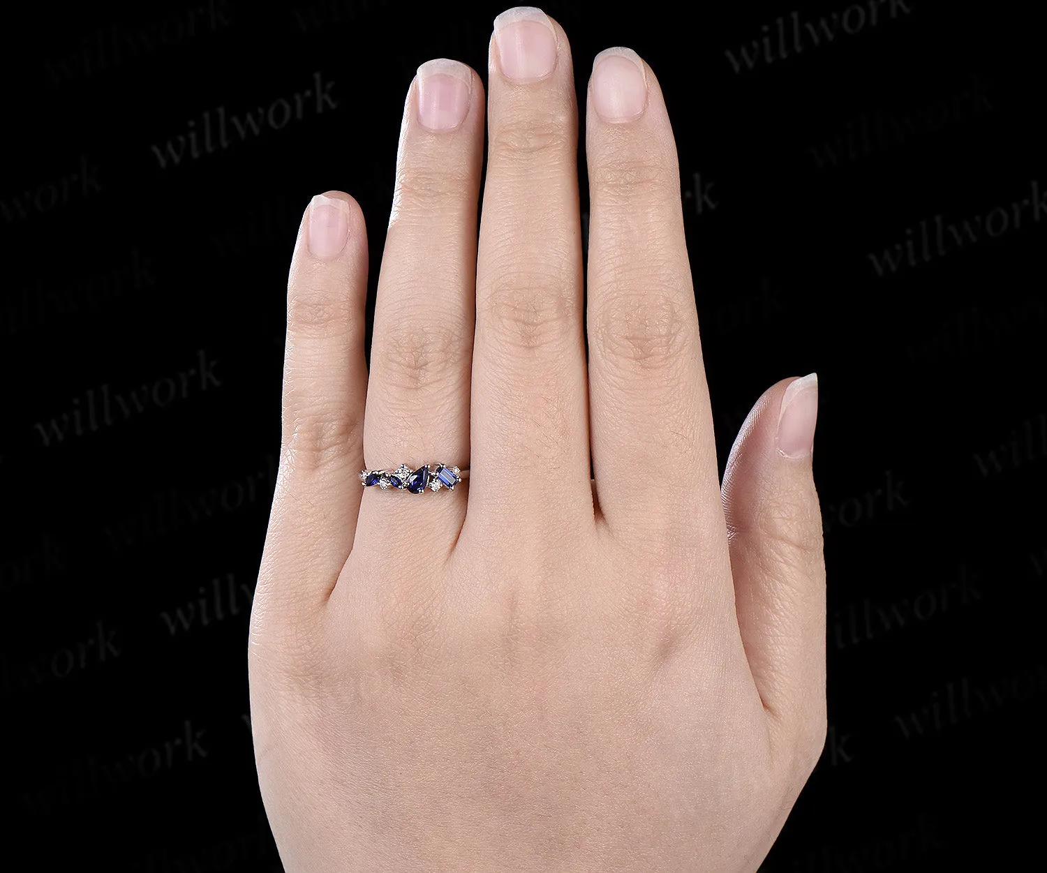 Vintage pear blue sapphire ring art deco Baguette sapphire ring dainty moissanite ring women solid 14k white gold anniversary wedding ring gift sold by Willwork Jewelry product image thumbnail 2