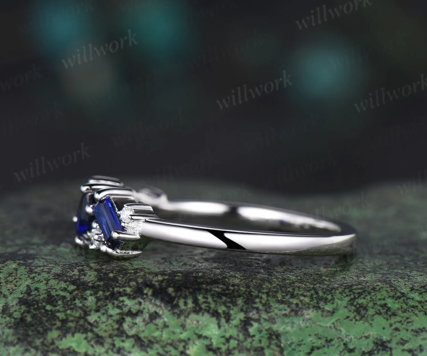 Vintage pear blue sapphire ring art deco Baguette sapphire ring dainty moissanite ring women solid 14k white gold anniversary wedding ring gift sold by Willwork Jewelry product image thumbnail 4