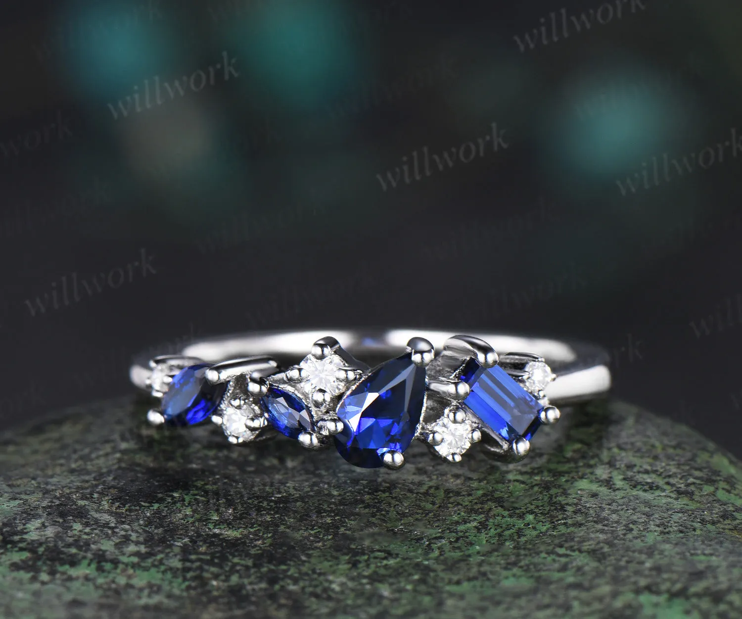 Vintage pear blue sapphire ring art deco Baguette sapphire ring dainty moissanite ring women solid 14k white gold anniversary wedding ring gift sold by Willwork Jewelry