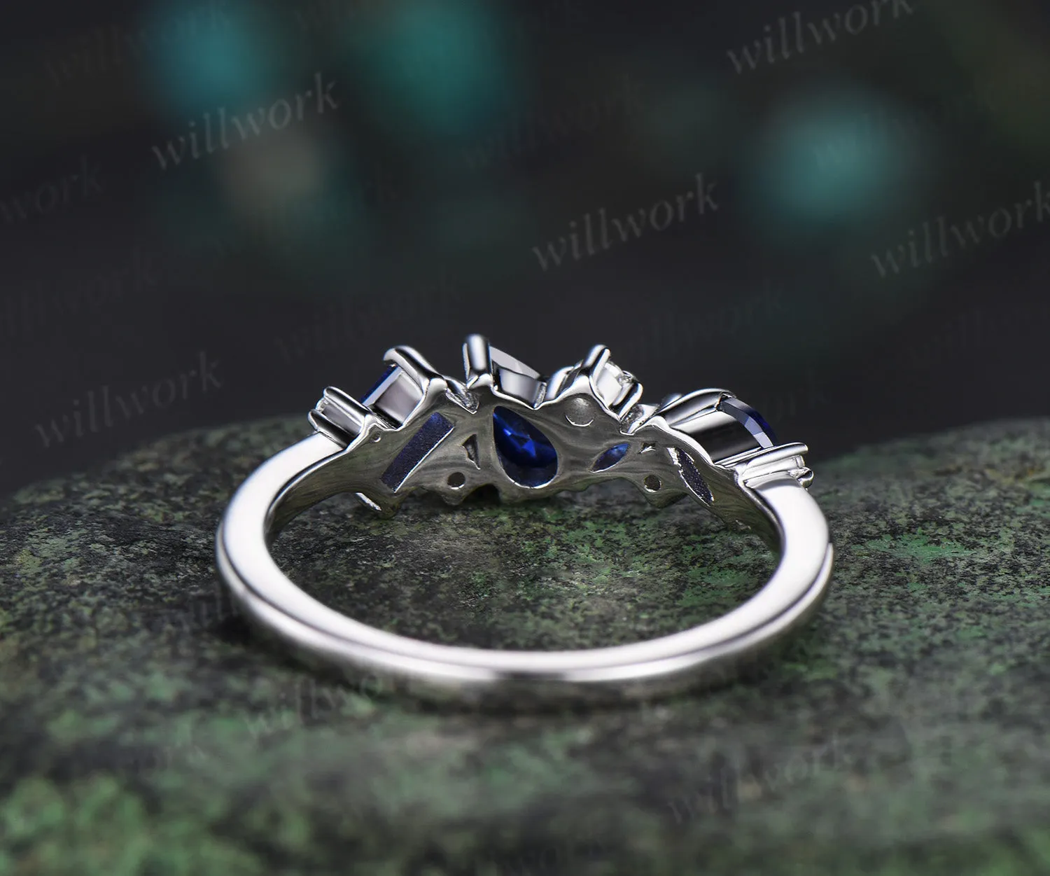 Vintage pear blue sapphire ring art deco Baguette sapphire ring dainty moissanite ring women solid 14k white gold anniversary wedding ring gift sold by Willwork Jewelry product image thumbnail 5