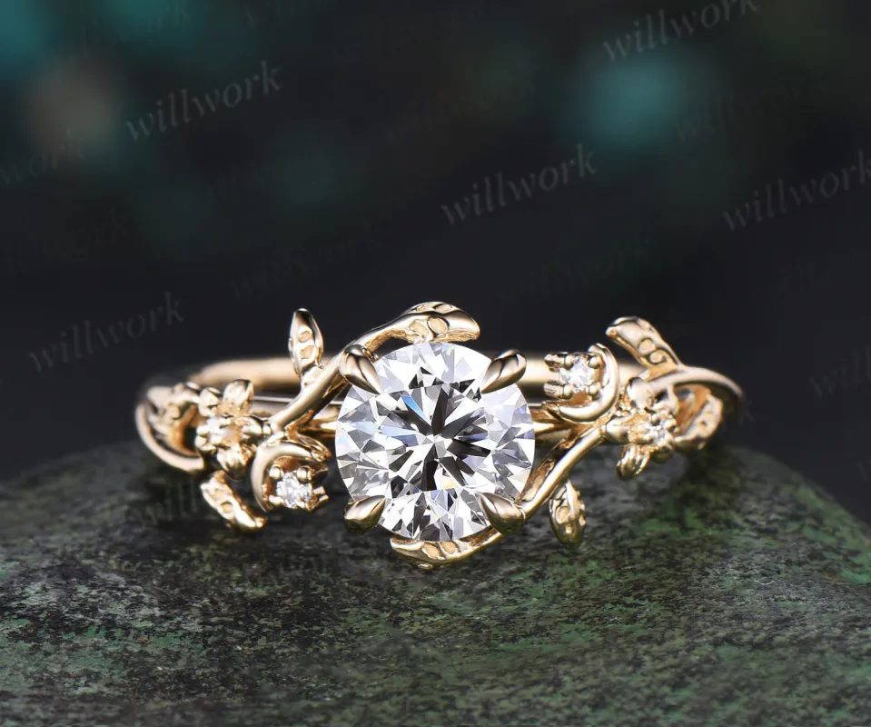 1ct Round cut IGI Lab grown diamond engagement ring 14k yellow gold moon floral five stone ring vintage leaf branch promise ring women sold by Willwork Jewelry