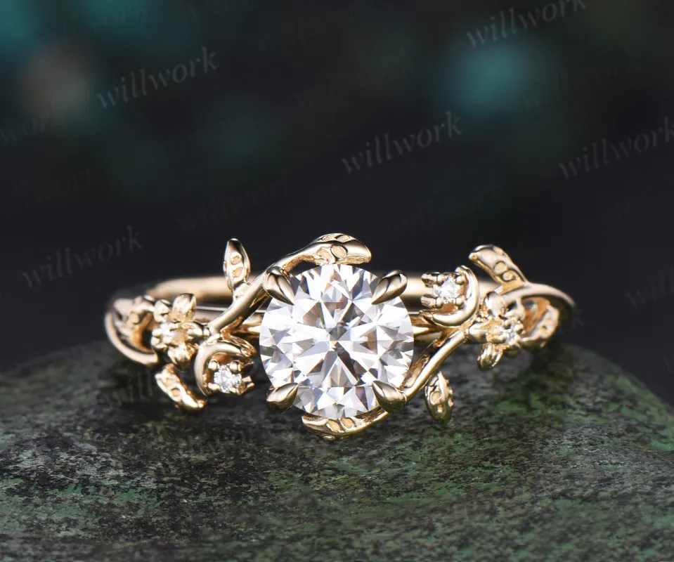 1ct Round cut moissanite engagement ring 14k yellow gold moon floral five stone diamond ring vintage leaf branch promise ring women sold by Willwork Jewelry