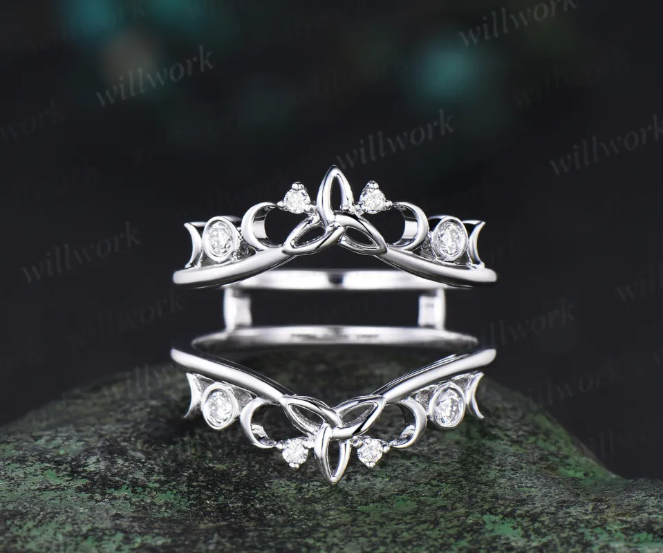 Double curved diamond wedding band enhancer wraps 14k white gold Celtic knot moon unique moissanite bridal ring band women anniversary gift sold by Willwork Jewelry