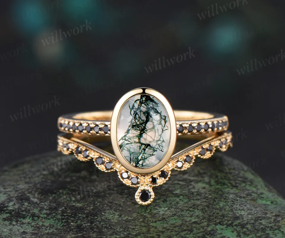 Bezel oval cut moss agate Engagement Ring set 14k yellow gold Milgrain Half Eternity black diamond anniversary ring women gift sold by Willwork Jewelry