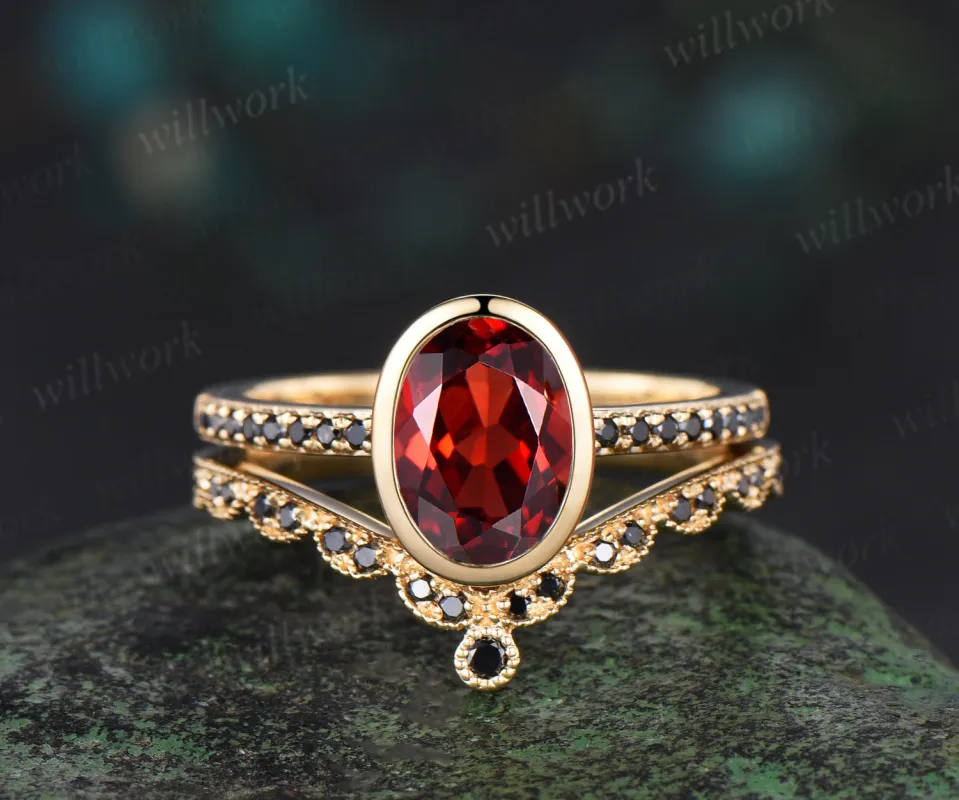 Bezel oval cut red garnet Engagement Ring set 14k yellow gold Milgrain Half Eternity black diamond anniversary ring women gift made by Willwork Jewelry