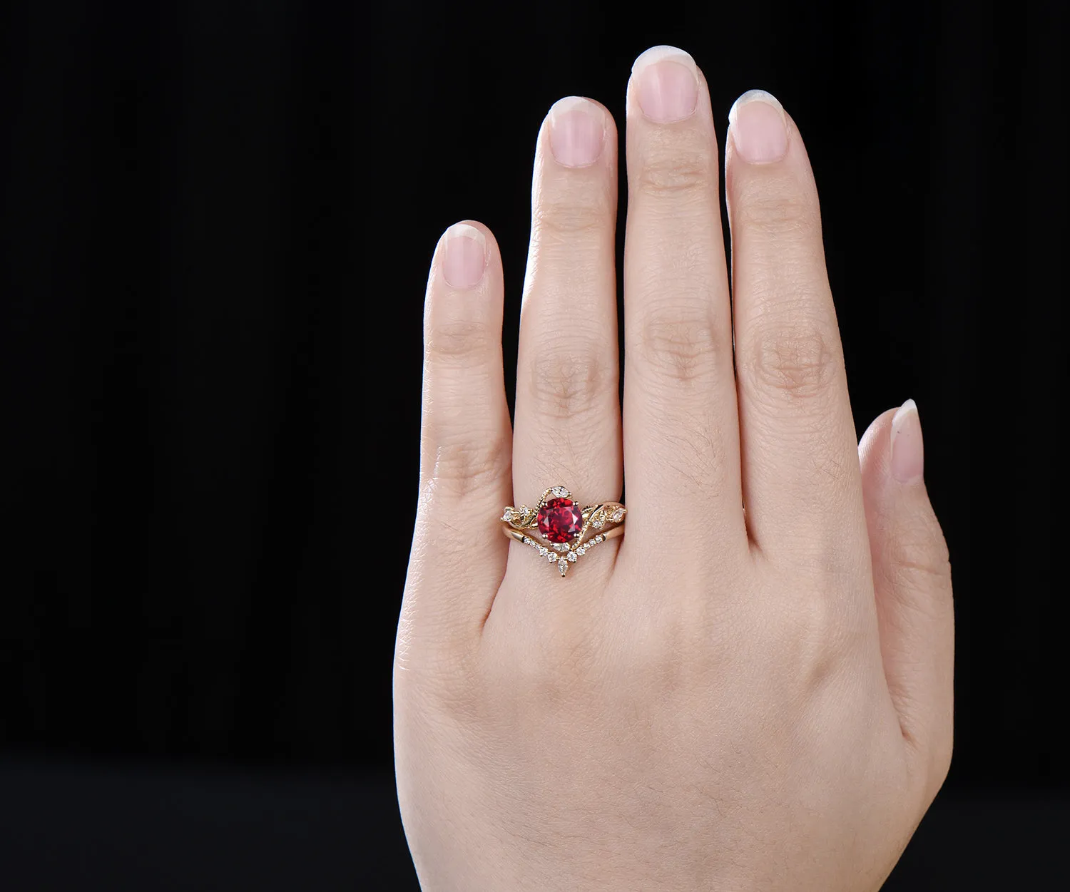 Round cut red ruby ring vintage yellow gold leaf Snake unique engagement ring twisted diamond bridal wedding ring women sold by Willwork Jewelry product image thumbnail 3