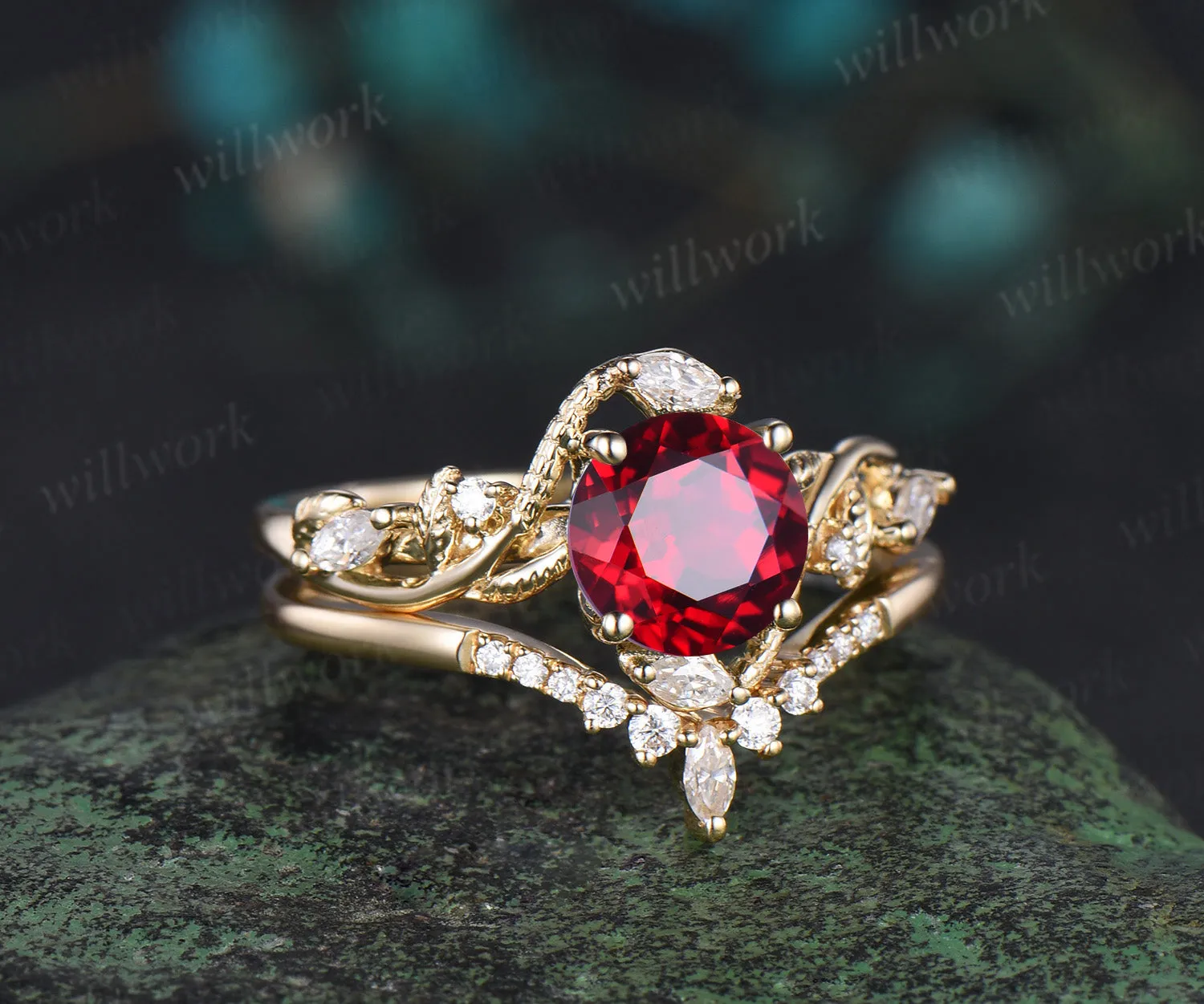 Round cut red ruby ring vintage yellow gold leaf Snake unique engagement ring twisted diamond bridal wedding ring women sold by Willwork Jewelry product image thumbnail 2