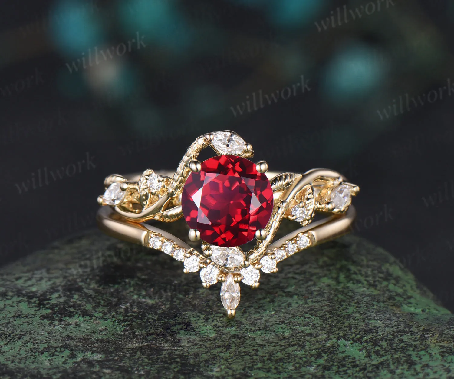 Round cut red ruby ring vintage yellow gold leaf Snake unique engagement ring twisted diamond bridal wedding ring women sold by Willwork Jewelry