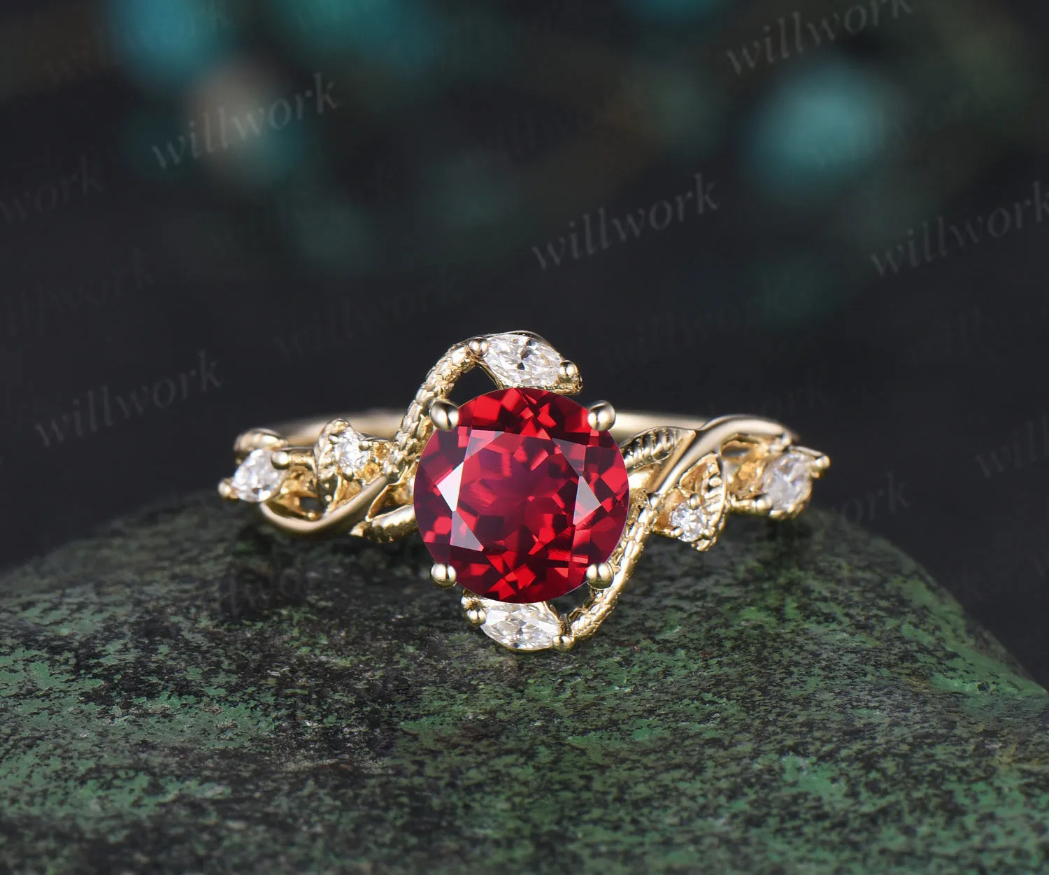 Round cut red ruby ring vintage yellow gold leaf Snake unique engagement ring twisted diamond bridal wedding ring women sold by Willwork Jewelry product image thumbnail 4
