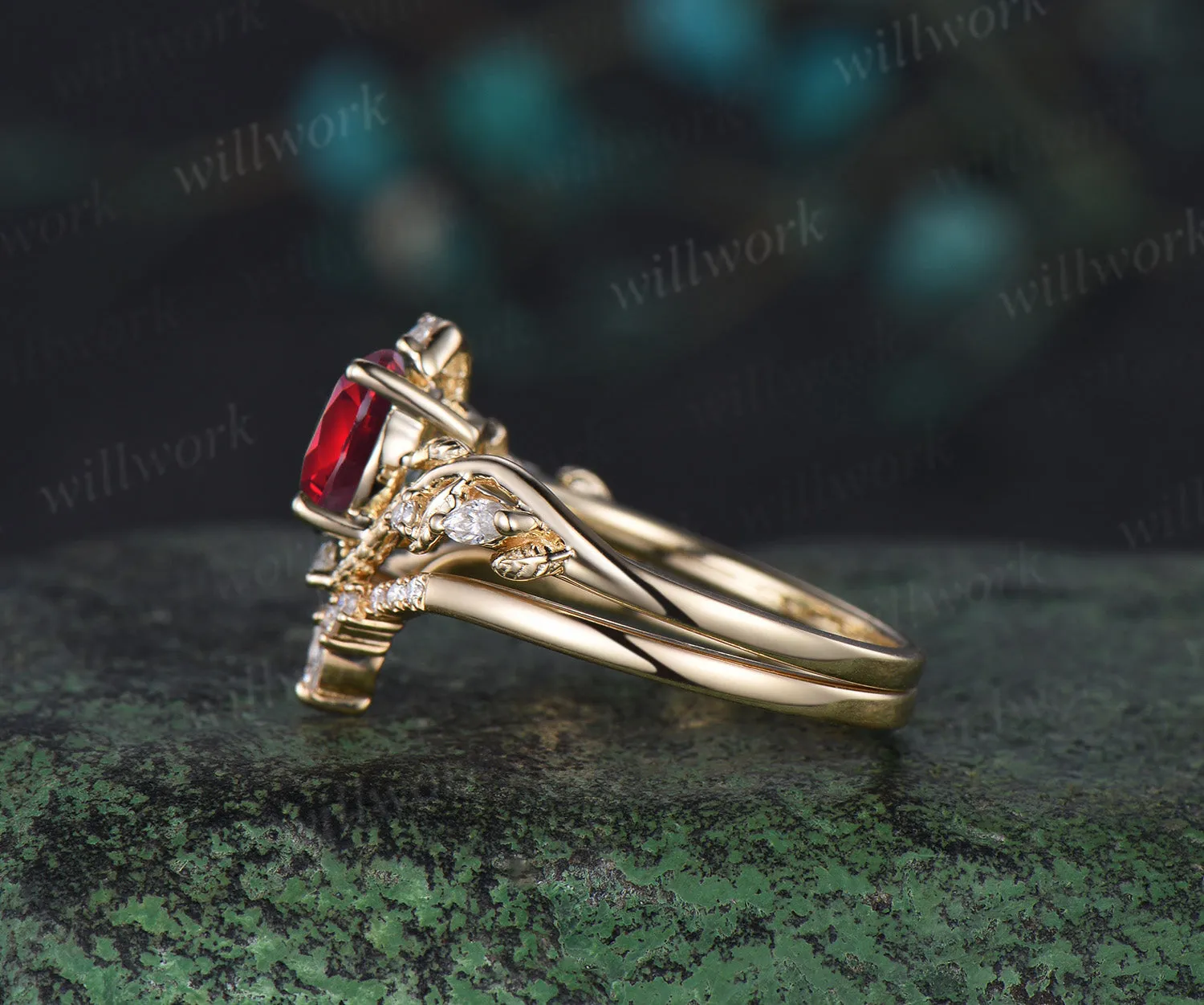 Round cut red ruby ring vintage yellow gold leaf Snake unique engagement ring twisted diamond bridal wedding ring women sold by Willwork Jewelry product image thumbnail 5