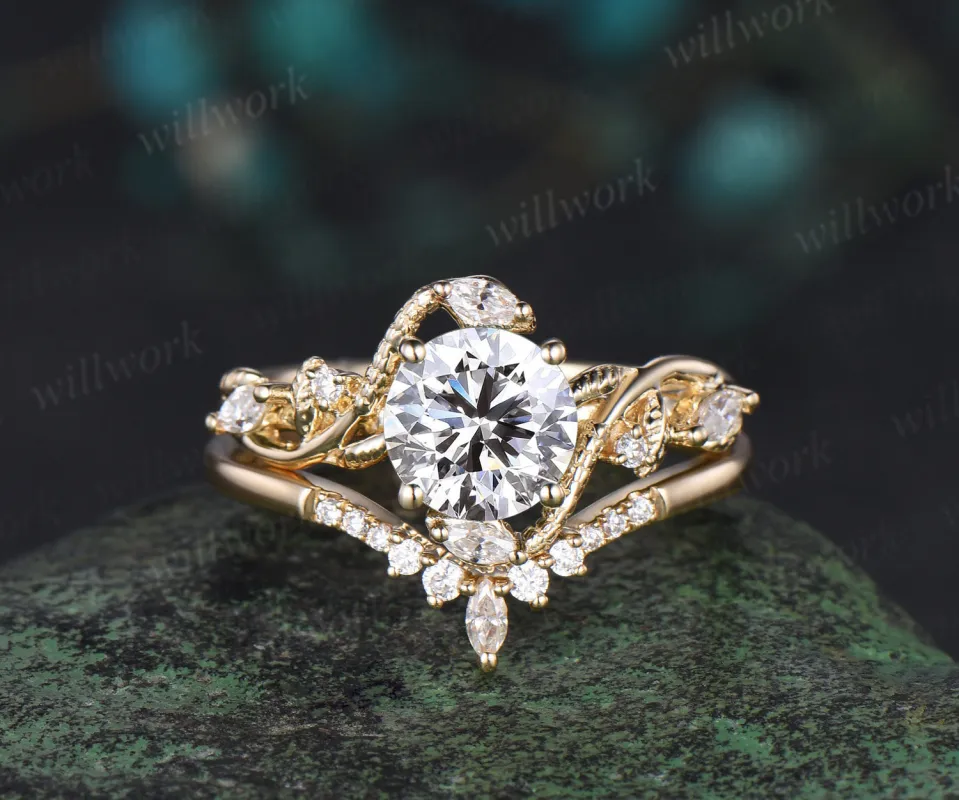 Round cut IGI Lab grown diamond engagement ring solid 14k 18k yellow gold Snake unique wedding promise ring set women sold by Willwork Jewelry