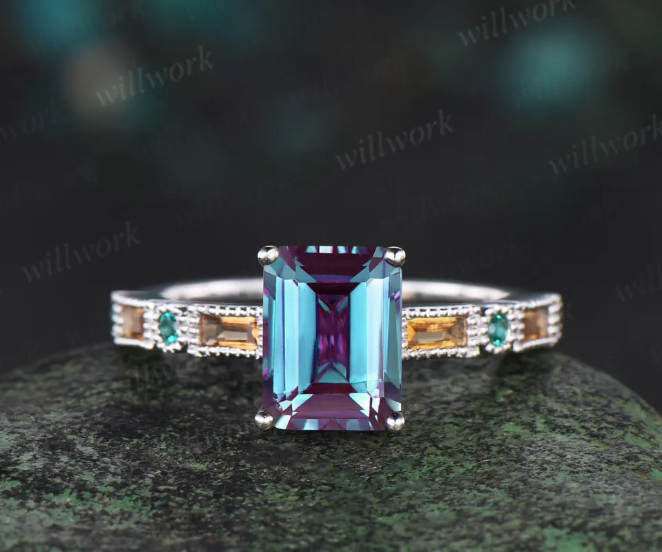 Emerald cut alexandrite Engagement Ring white gold Baguette cut citrine ring vintage Milgrain half eternity emerald anniversary ring gift sold by Willwork Jewelry