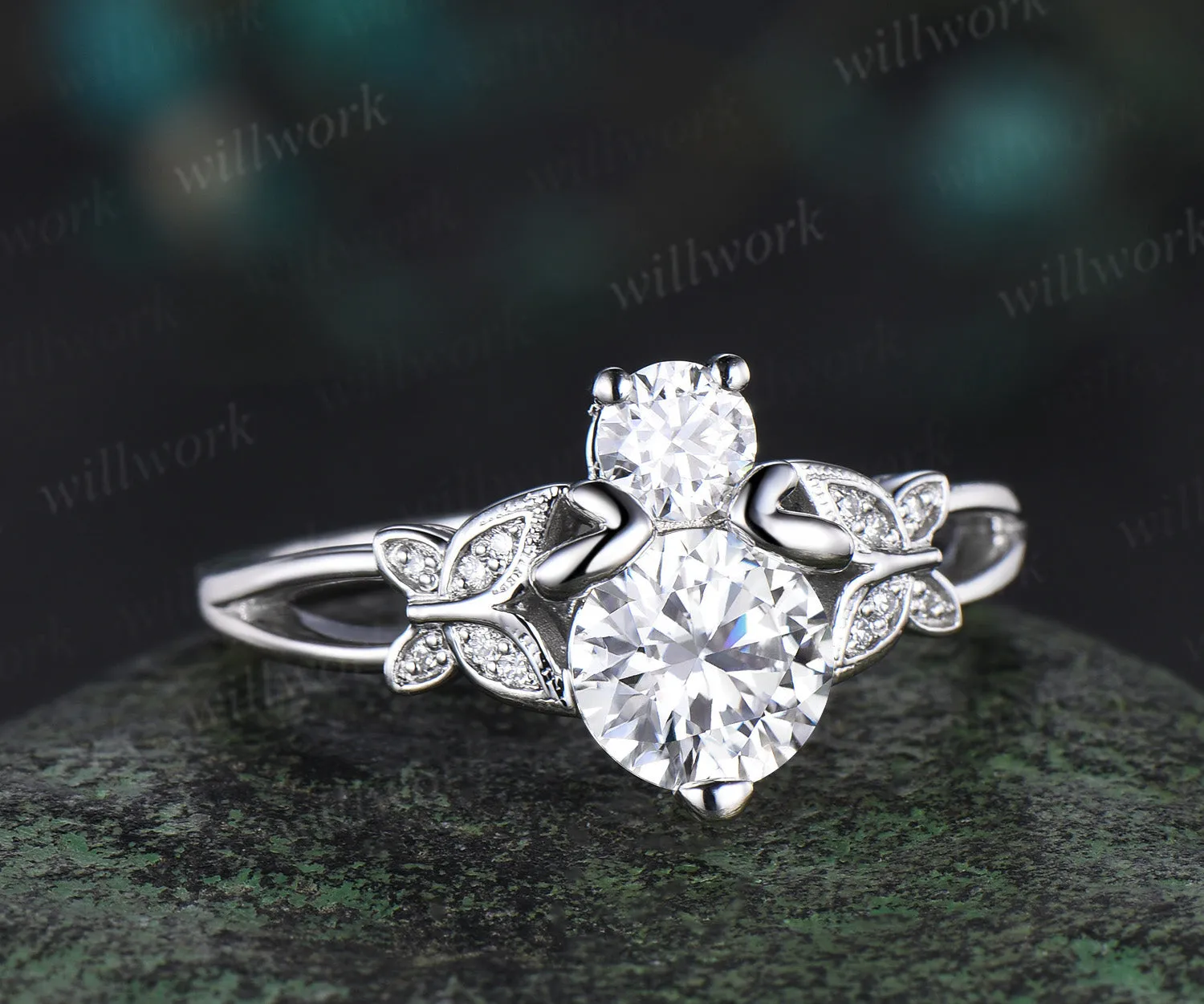 Round cut moissanite Engagement Ring solid 14k white gold honeybee butterfly wedding ring women split shank bee promise ring her sold by Willwork Jewelry product image thumbnail 2