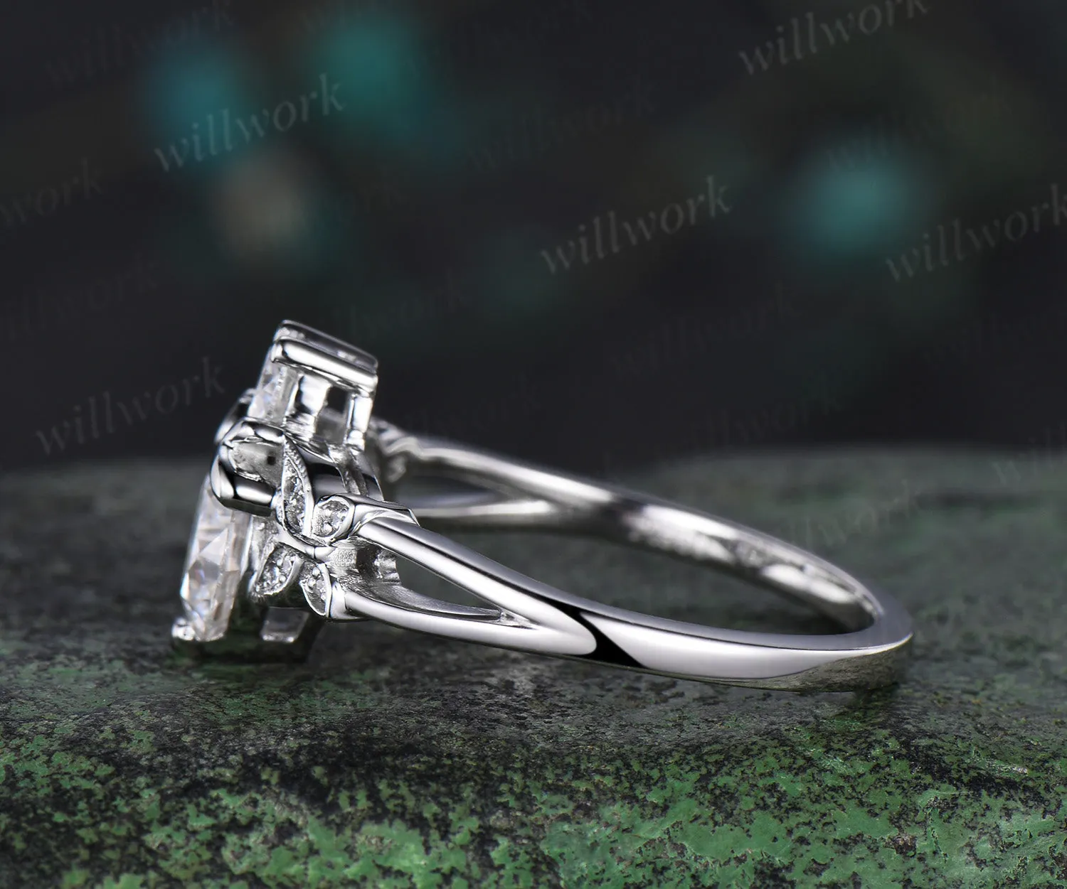 Round cut moissanite Engagement Ring solid 14k white gold honeybee butterfly wedding ring women split shank bee promise ring her sold by Willwork Jewelry product image thumbnail 4