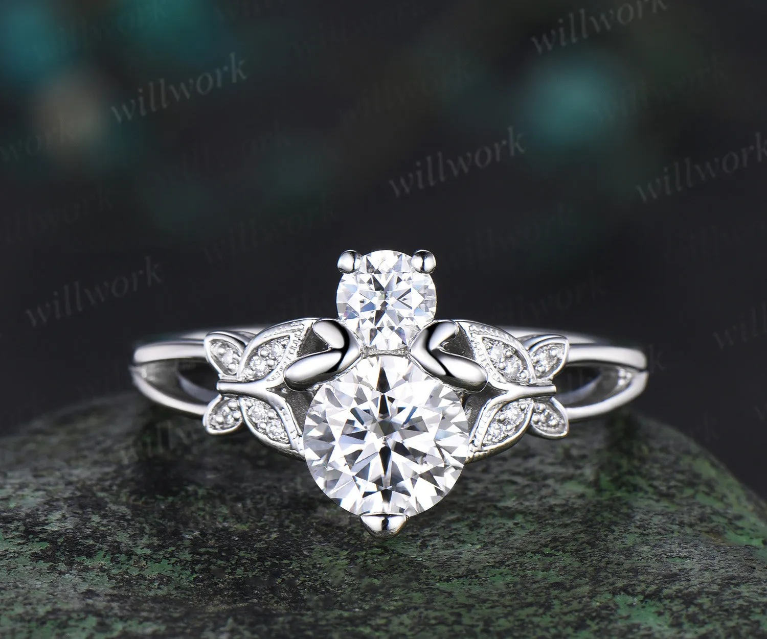 Round cut moissanite Engagement Ring solid 14k white gold honeybee butterfly wedding ring women split shank bee promise ring her sold by Willwork Jewelry