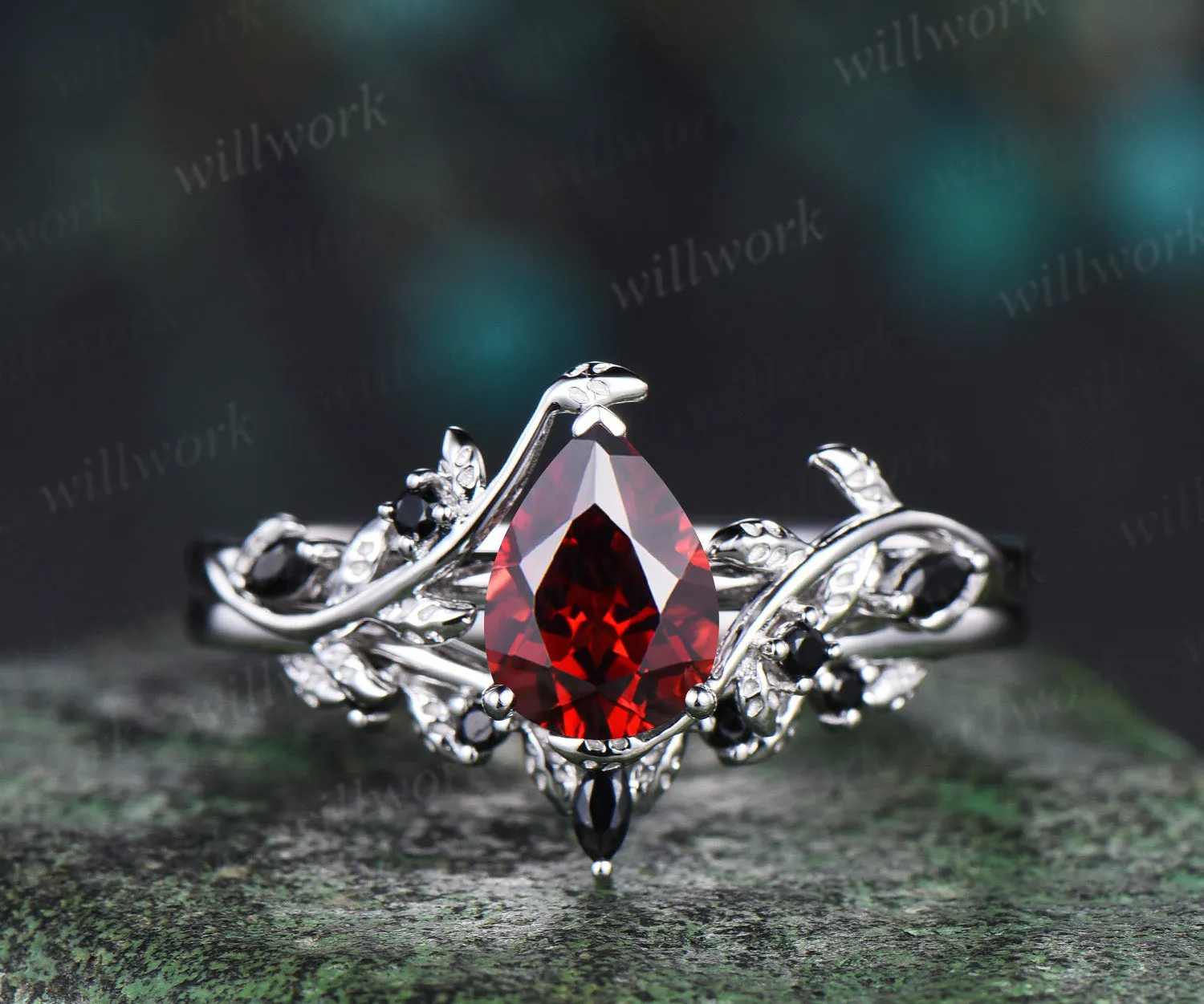 Pear shaped red garnet engagement ring set solid 14k white gold antique black spinel leaf ring set women branch bridal set sold by Willwork Jewelry product image thumbnail 2