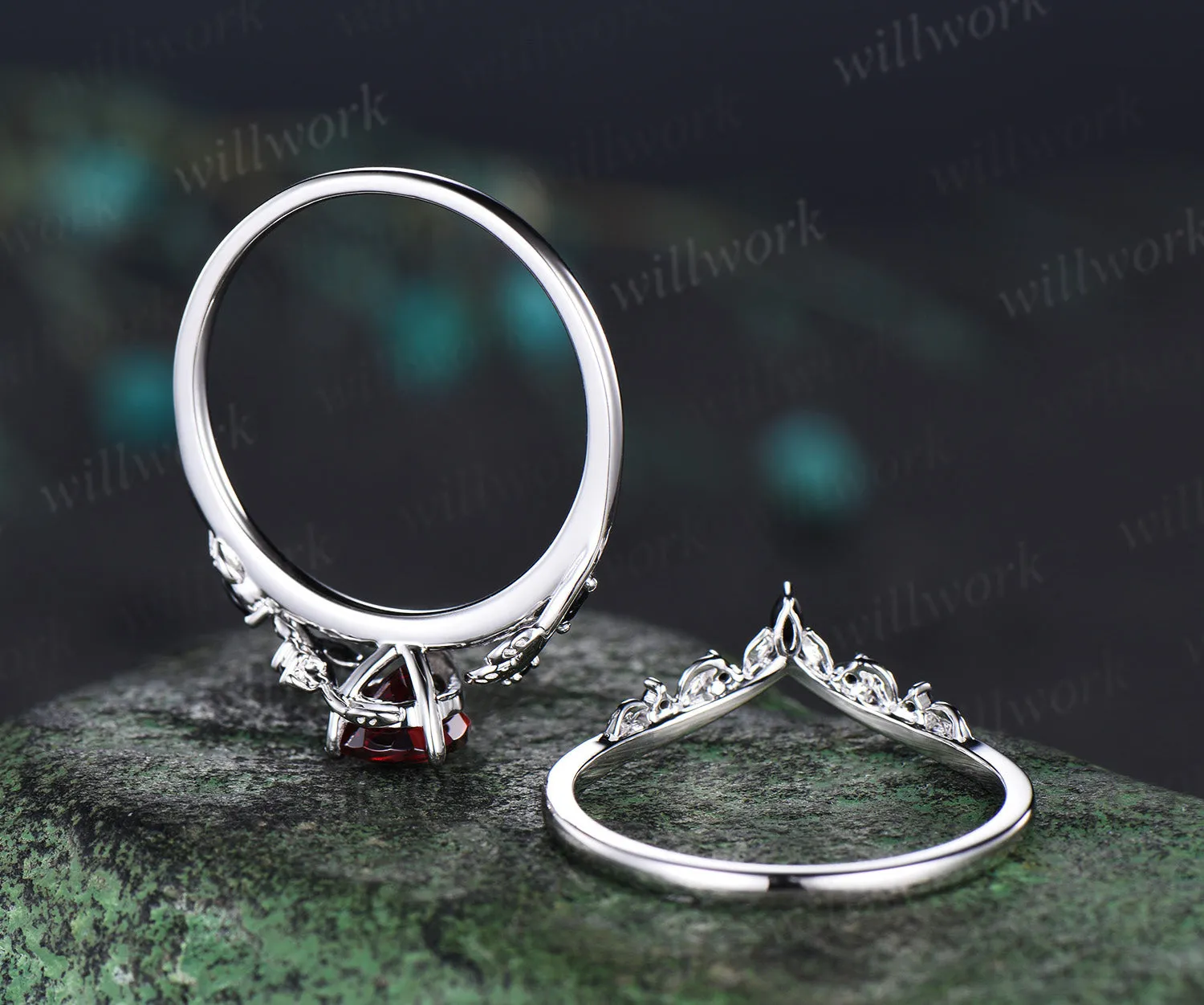 Pear shaped red garnet engagement ring set solid 14k white gold antique black spinel leaf ring set women branch bridal set sold by Willwork Jewelry product image thumbnail 4