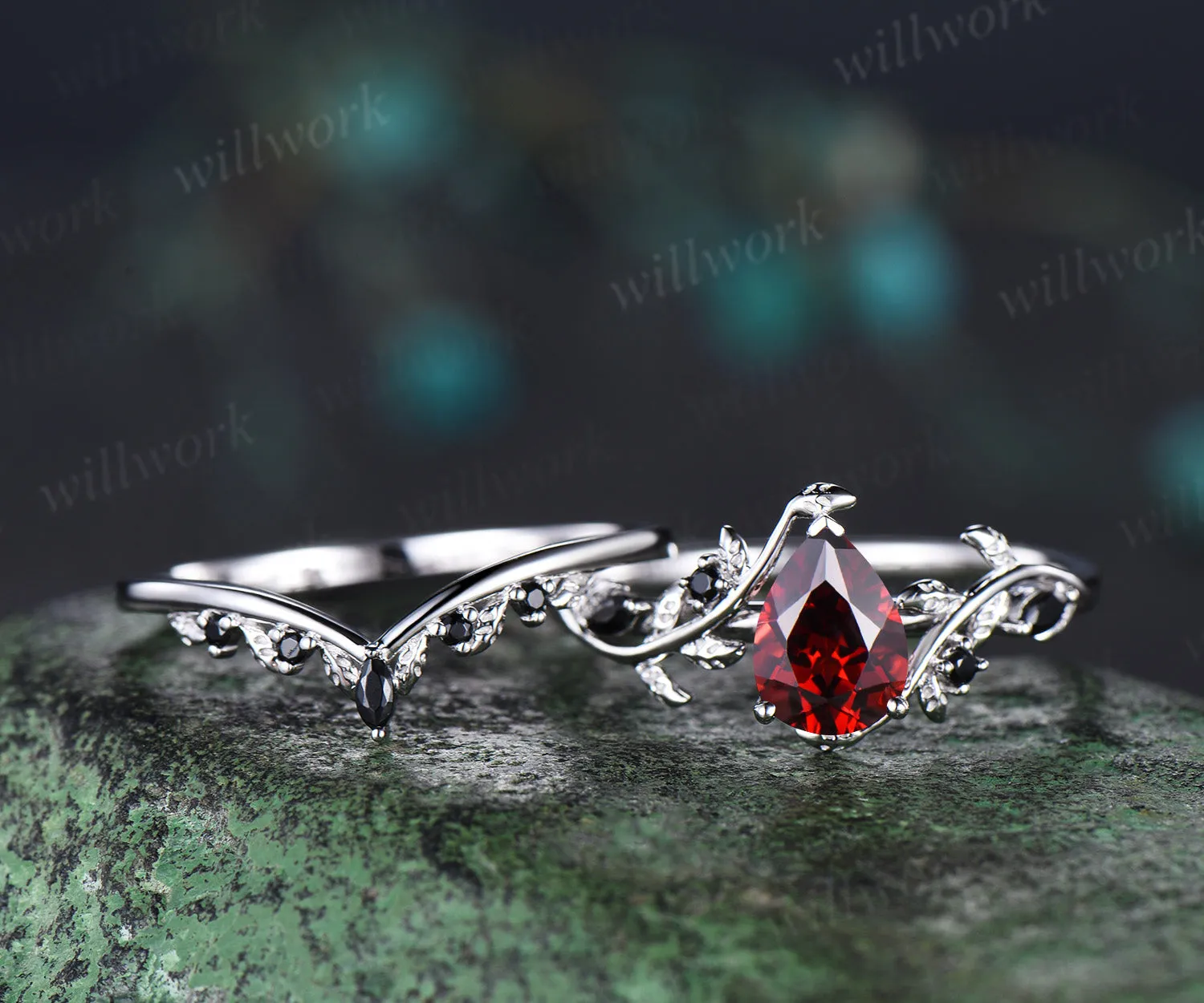 Pear shaped red garnet engagement ring set solid 14k white gold antique black spinel leaf ring set women branch bridal set sold by Willwork Jewelry