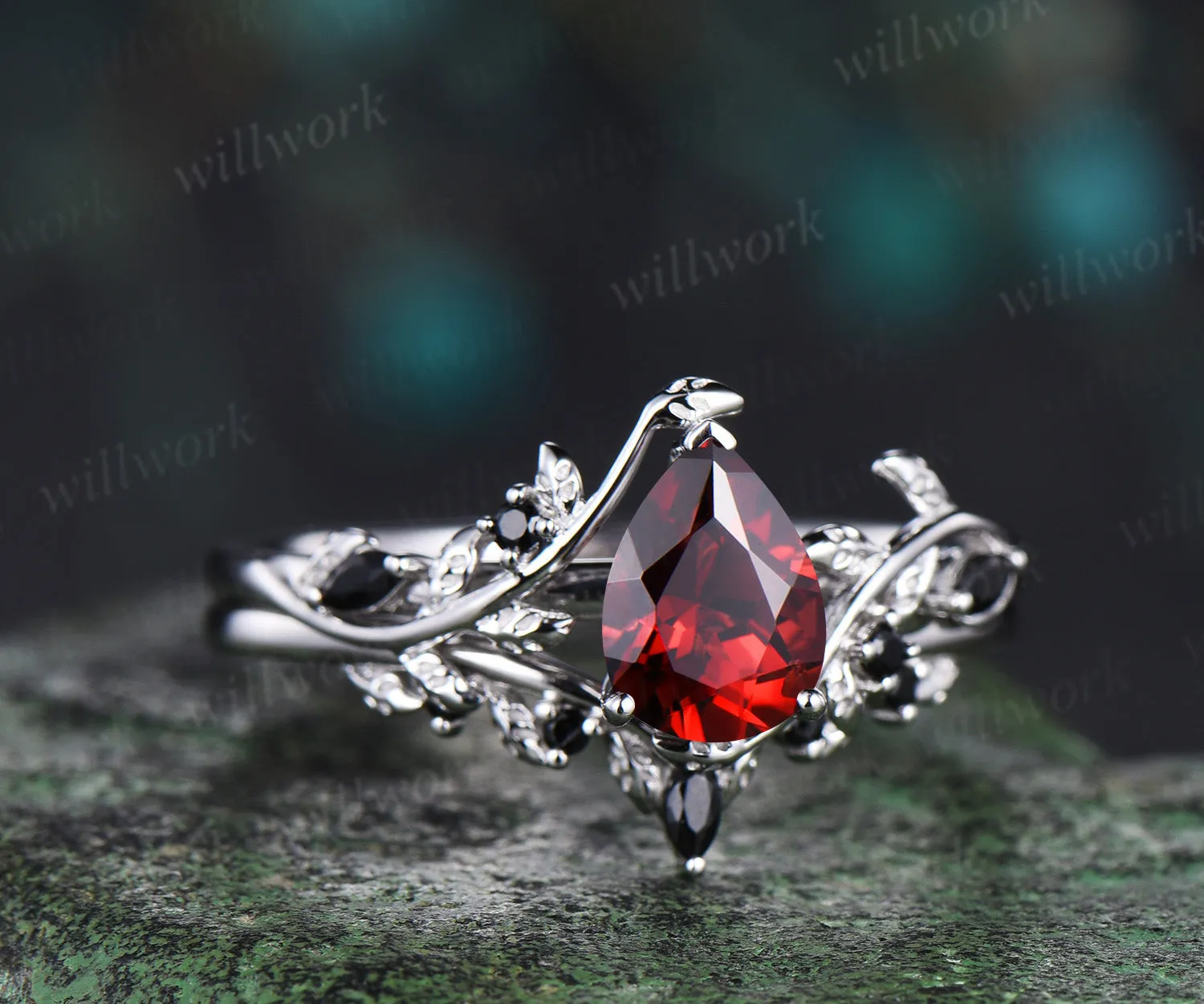 Pear shaped red garnet engagement ring set solid 14k white gold antique black spinel leaf ring set women branch bridal set sold by Willwork Jewelry product image thumbnail 5