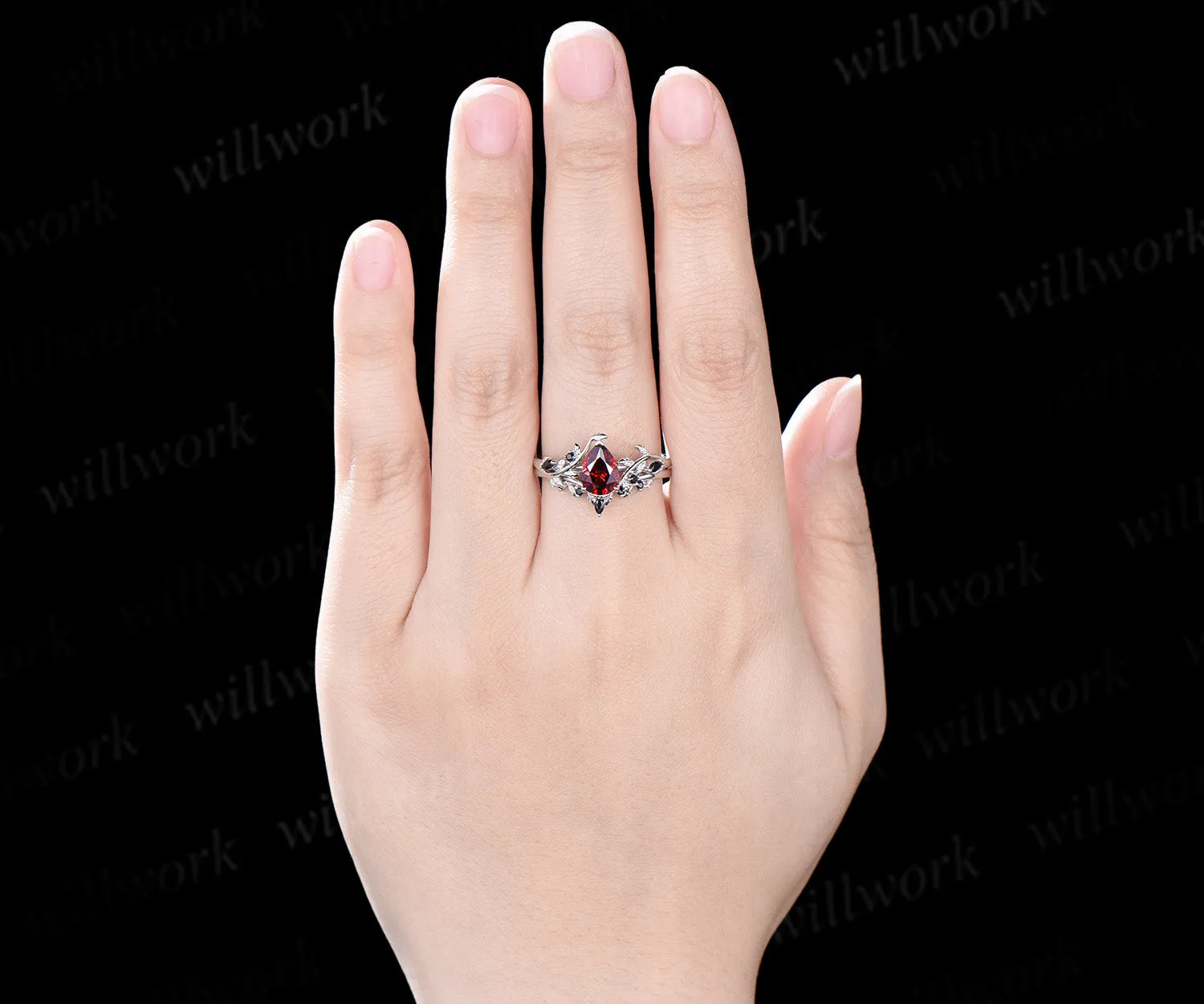Pear shaped red garnet engagement ring set solid 14k white gold antique black spinel leaf ring set women branch bridal set sold by Willwork Jewelry product image thumbnail 3