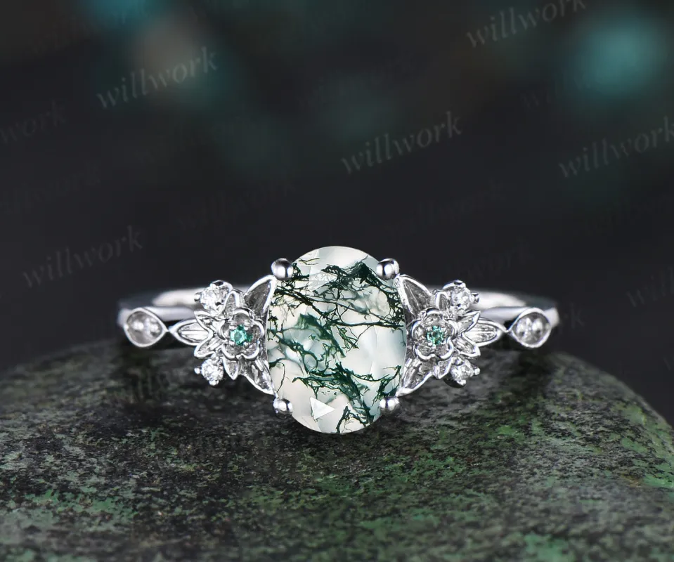 Oval cut natural moss agate ring vintage floral leaf emerald ring antique 14k white gold Engagement Ring gift for women sold by Willwork Jewelry