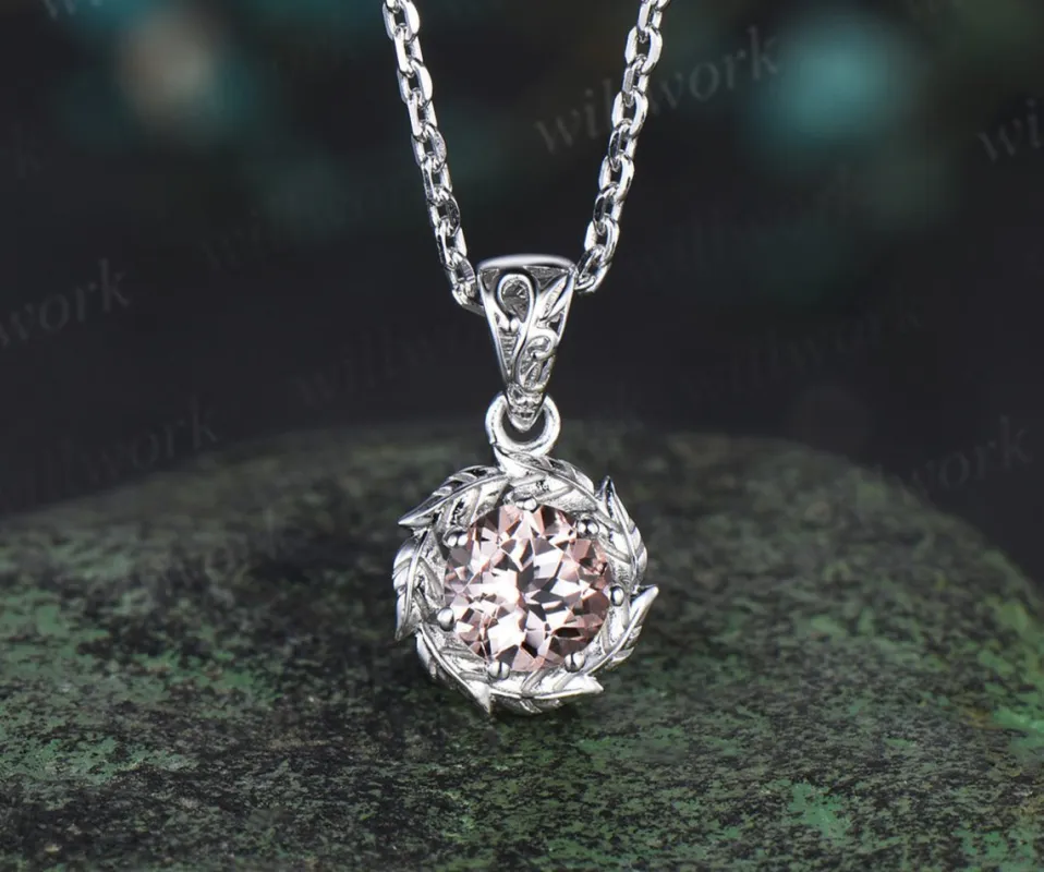 Round cut morganite necklace 14k white gold halo vintage leaf Solitaire pendant women unique anniversary bridal gift mother made by Willwork Jewelry