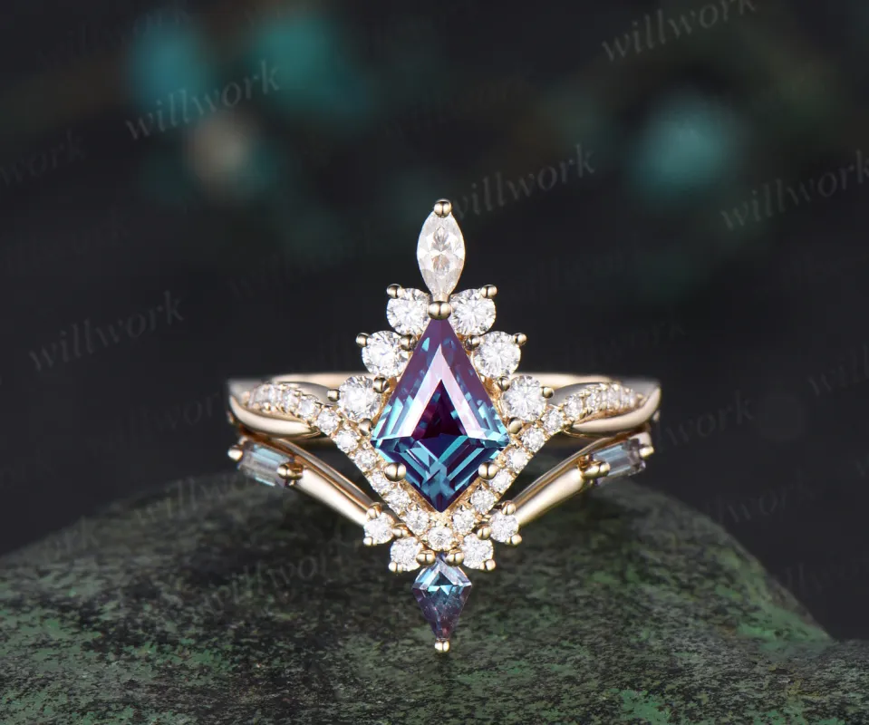 Vintage kite cut alexandrite engagement ring set 14k yellow gold art deco curved twisted diamond promise wedding ring women sold by Willwork Jewelry