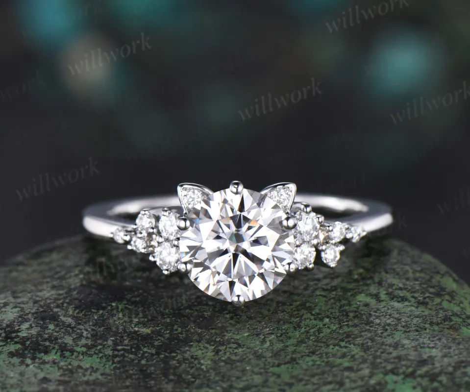 Round cut Moissanite Ring white gold Unique Cat engagement ring women Cluster Snowdrift diamond Ring Anniversary Gift For Cat Lover sold by Willwork Jewelry