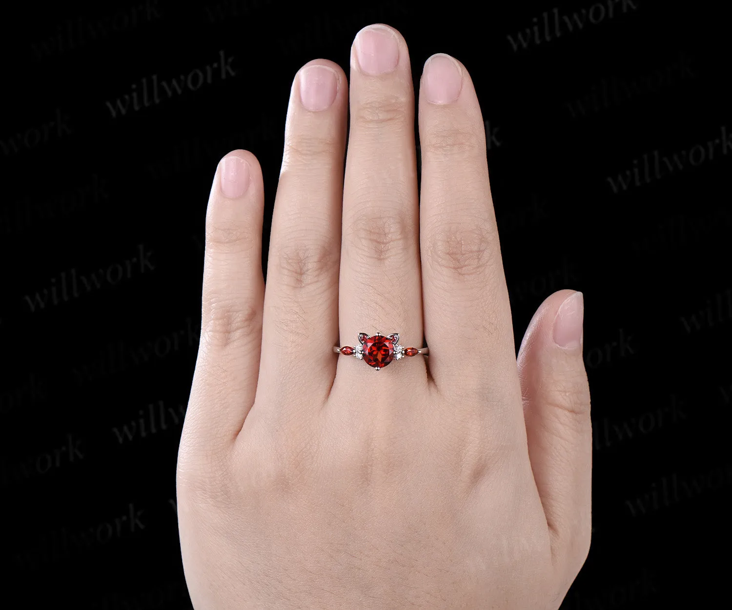Round red garnet Cat Engagement Ring 14K white Gold Animal Cat Shaped Wedding Promise Ring Peekaboo Kitten Unique Gifts for Cat Lover sold by Willwork Jewelry product image thumbnail 3