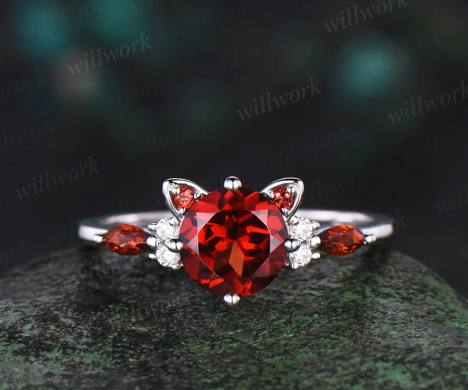 Round red garnet Cat Engagement Ring 14K white Gold Animal Cat Shaped Wedding Promise Ring Peekaboo Kitten Unique Gifts for Cat Lover sold by Willwork Jewelry