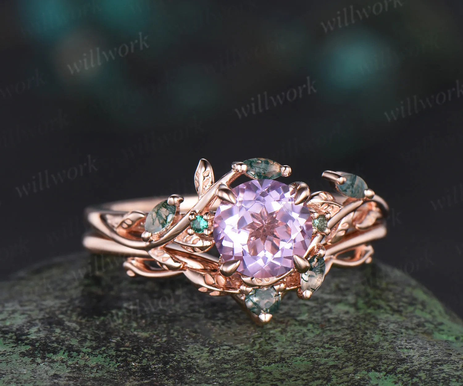 Round cut Lavender Amethyst Engagement Ring Set 14k rose gold leaf emerald moss agate ring vintage nature inspired bridal set Crystal gemstone gift sold by Willwork Jewelry product image thumbnail 2