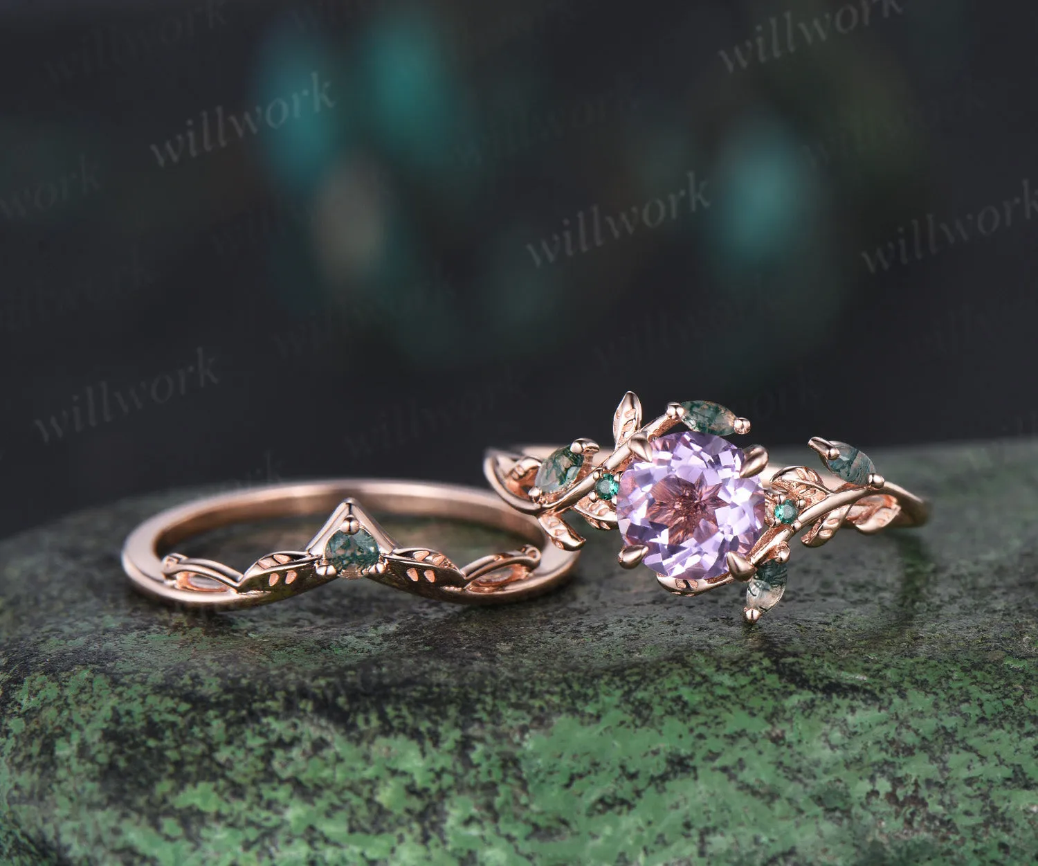 Round cut Lavender Amethyst Engagement Ring Set 14k rose gold leaf emerald moss agate ring vintage nature inspired bridal set Crystal gemstone gift sold by Willwork Jewelry product image thumbnail 4
