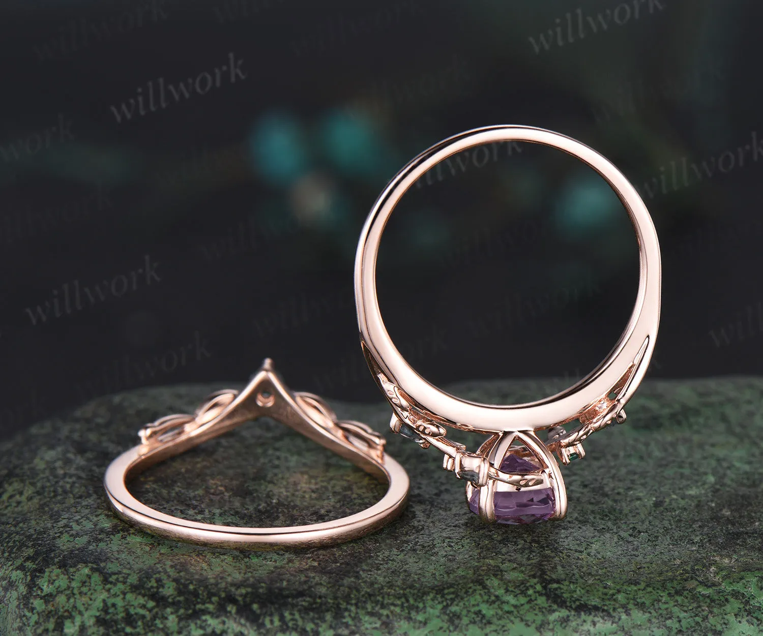 Round cut Lavender Amethyst Engagement Ring Set 14k rose gold leaf emerald moss agate ring vintage nature inspired bridal set Crystal gemstone gift sold by Willwork Jewelry product image thumbnail 5
