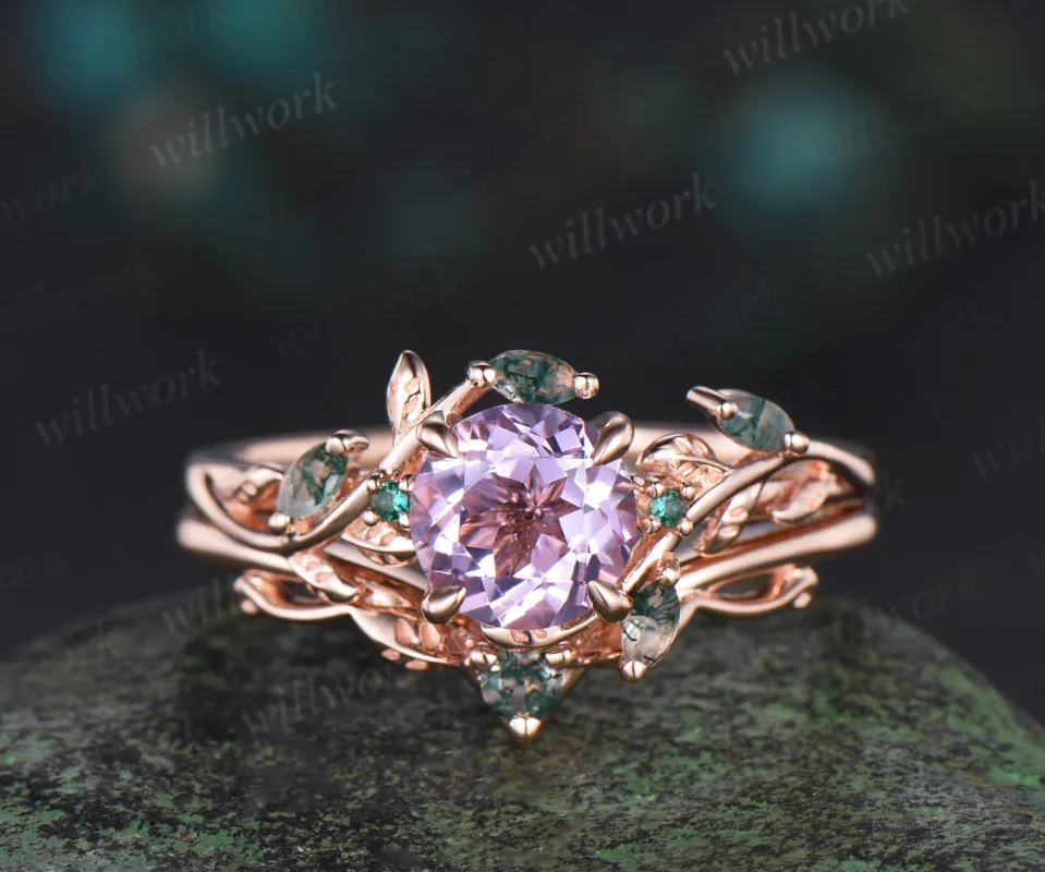 Round cut Lavender Amethyst Engagement Ring Set 14k rose gold leaf emerald moss agate ring vintage nature inspired bridal set Crystal gemstone gift sold by Willwork Jewelry