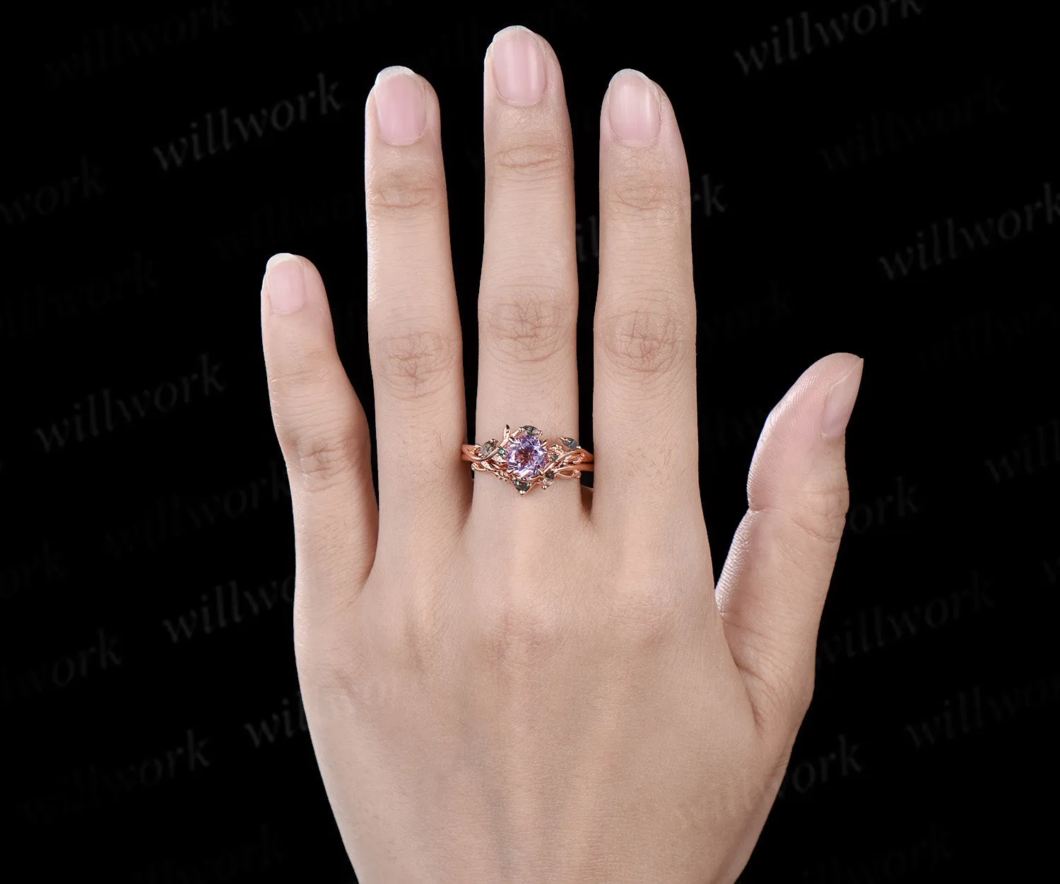 Round cut Lavender Amethyst Engagement Ring Set 14k rose gold leaf emerald moss agate ring vintage nature inspired bridal set Crystal gemstone gift sold by Willwork Jewelry product image thumbnail 3