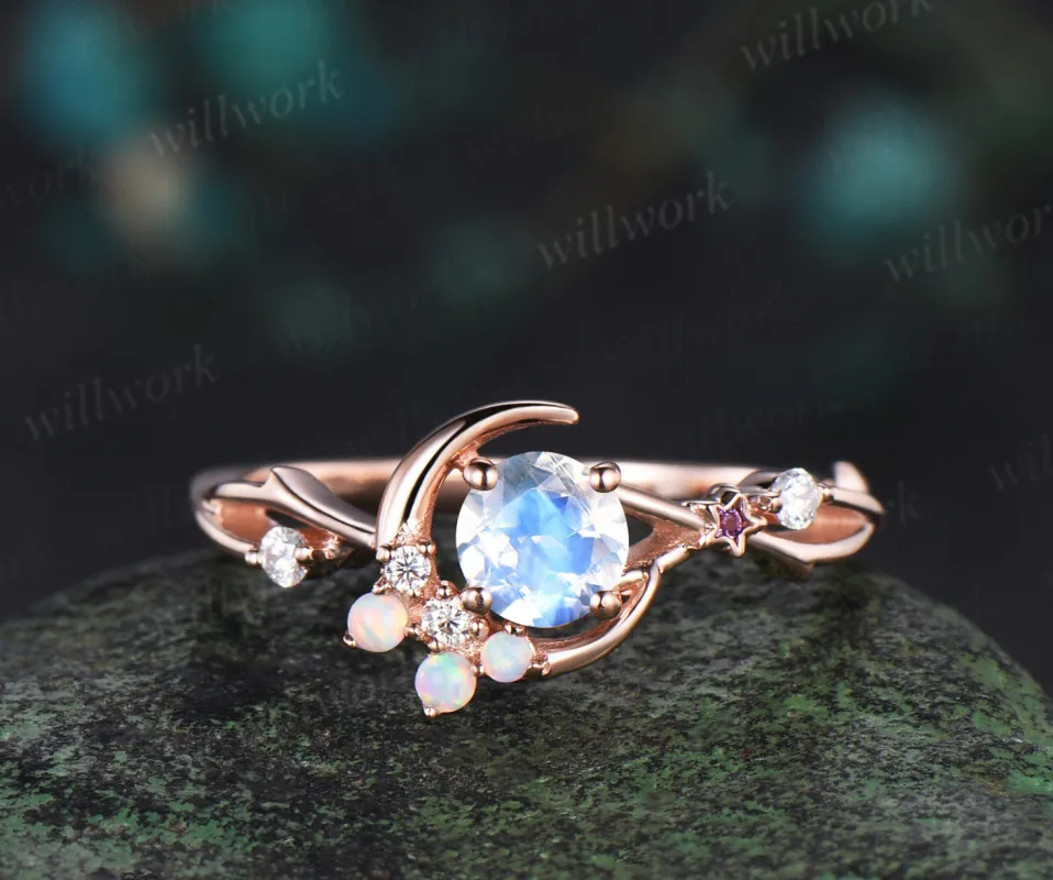 Round cut moonstone Engagement Ring vintage moon cluster opal ring women twig branch star vine moissanite anniversary gift sold by Willwork Jewelry