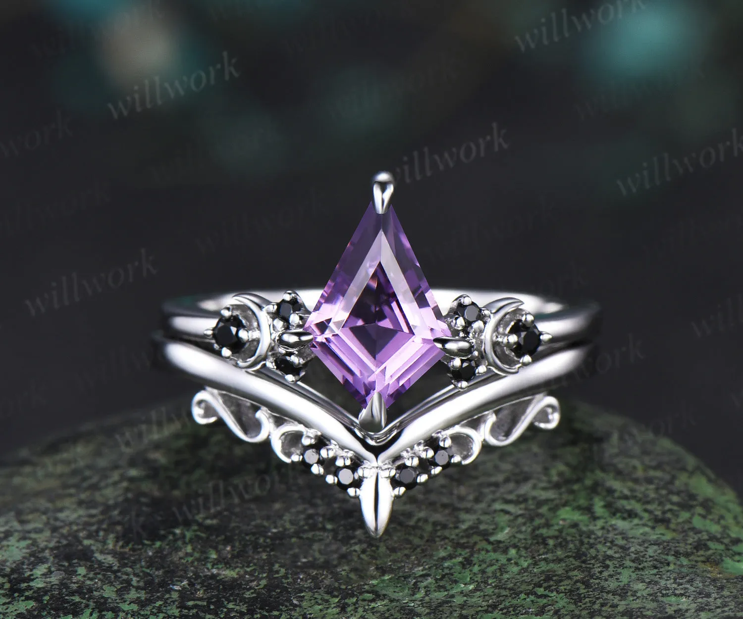 Kite cut purple amethyst engagement ring Moon black diamond ring women solid 14k white gold Crystal gemstone unique anniversary gift sold by Willwork Jewelry