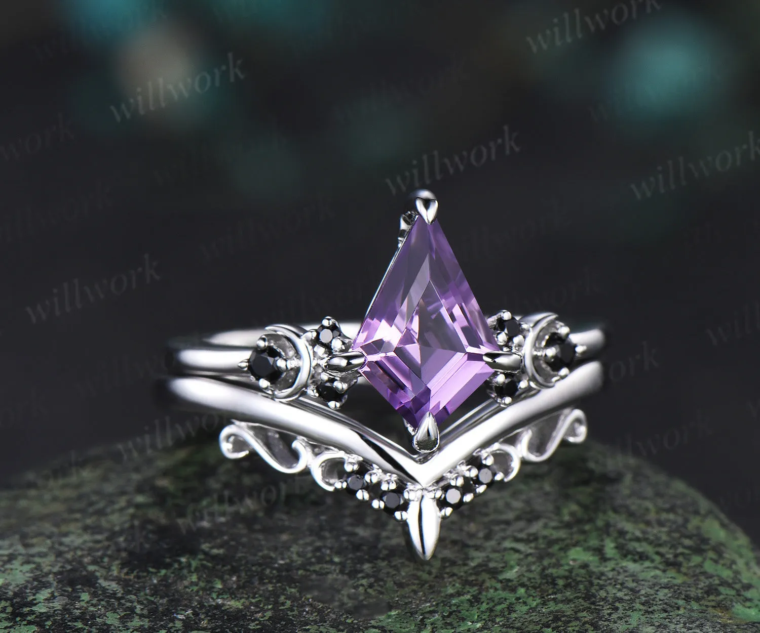 Kite cut purple amethyst engagement ring Moon black diamond ring women solid 14k white gold Crystal gemstone unique anniversary gift sold by Willwork Jewelry product image thumbnail 2