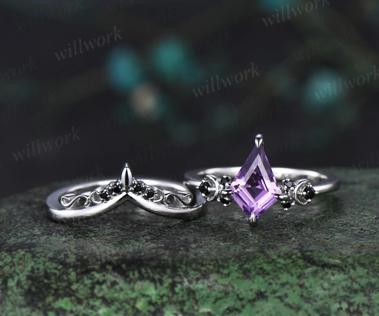 Kite cut purple amethyst engagement ring Moon black diamond ring women solid 14k white gold Crystal gemstone unique anniversary gift sold by Willwork Jewelry product image thumbnail 4