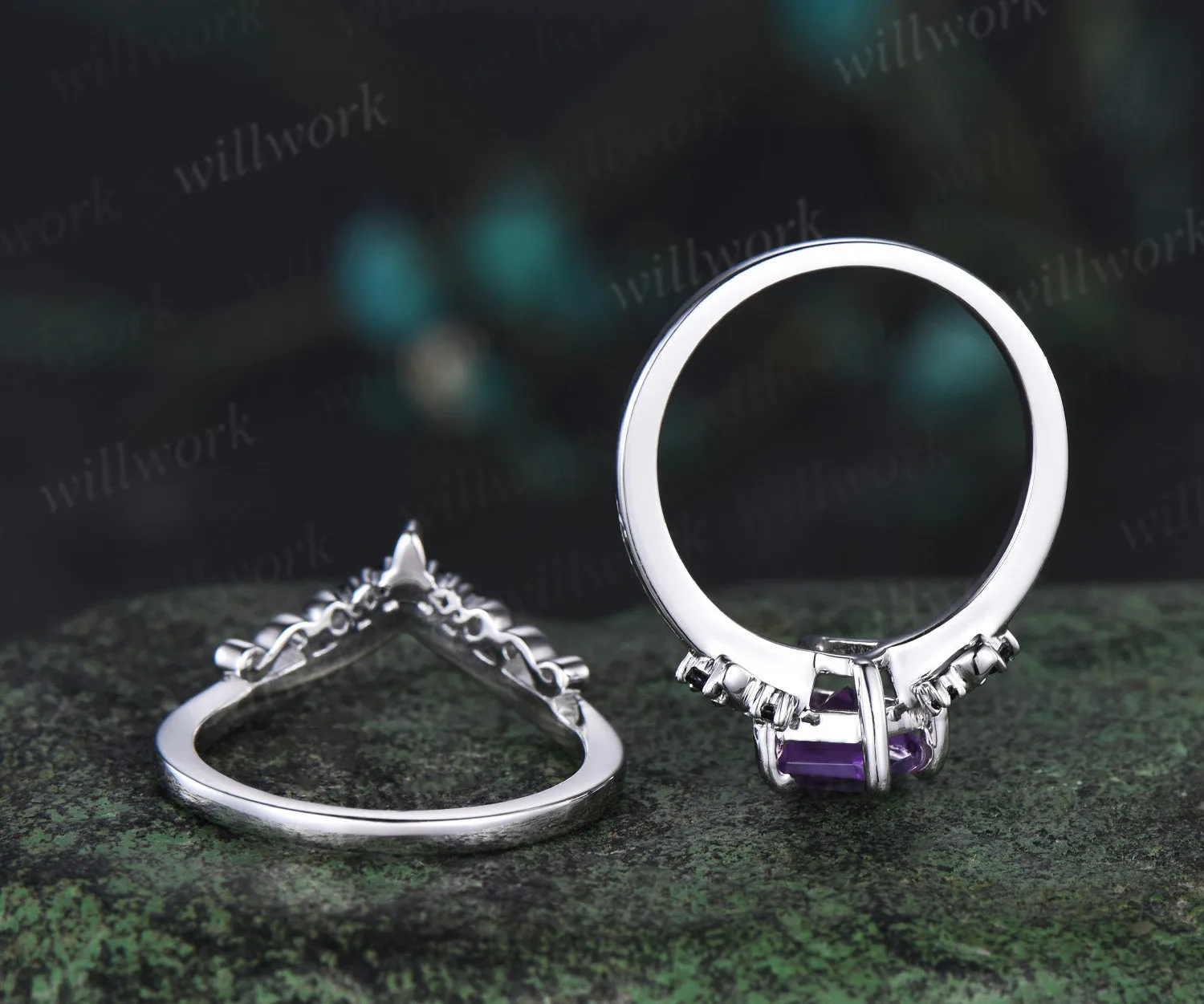 Kite cut purple amethyst engagement ring Moon black diamond ring women solid 14k white gold Crystal gemstone unique anniversary gift sold by Willwork Jewelry product image thumbnail 5