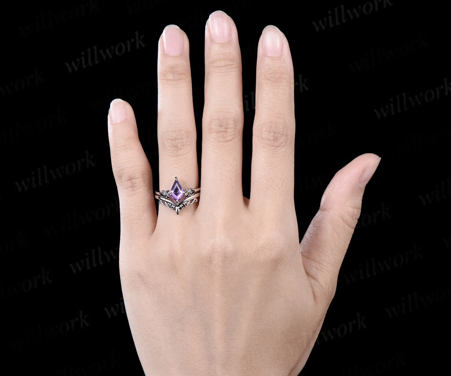 Kite cut purple amethyst engagement ring Moon black diamond ring women solid 14k white gold Crystal gemstone unique anniversary gift sold by Willwork Jewelry product image thumbnail 3