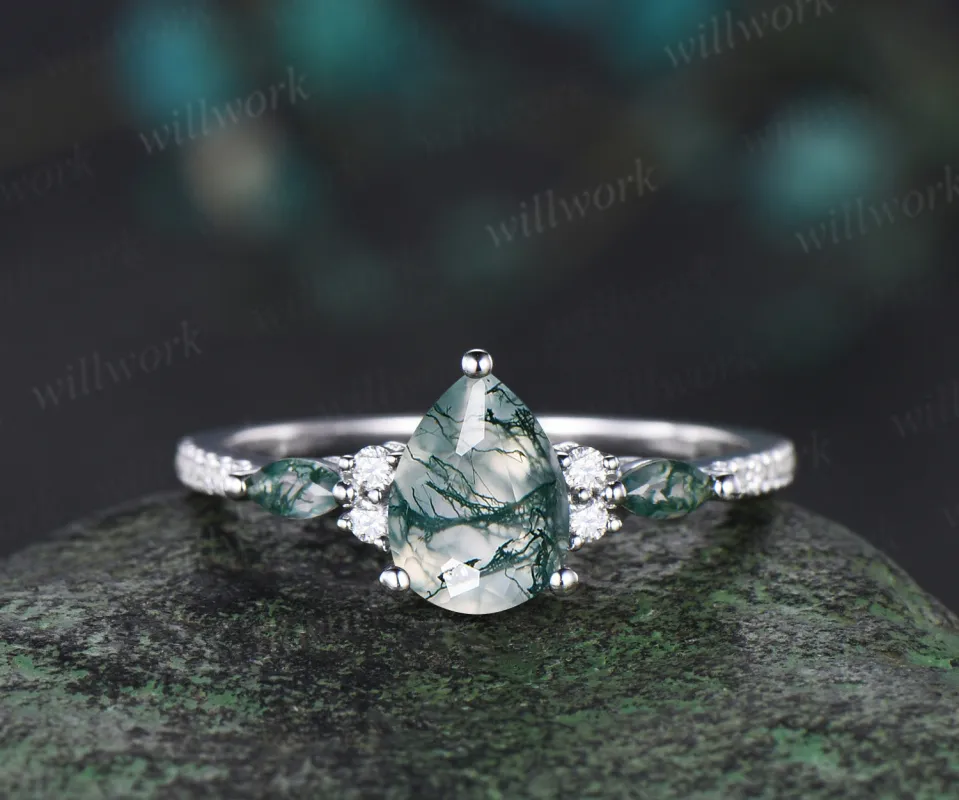 Pear shaped natural moss agate engagement ring women vintage solid 14k white gold half eternity diamond wedding anniversary gift sold by Willwork Jewelry