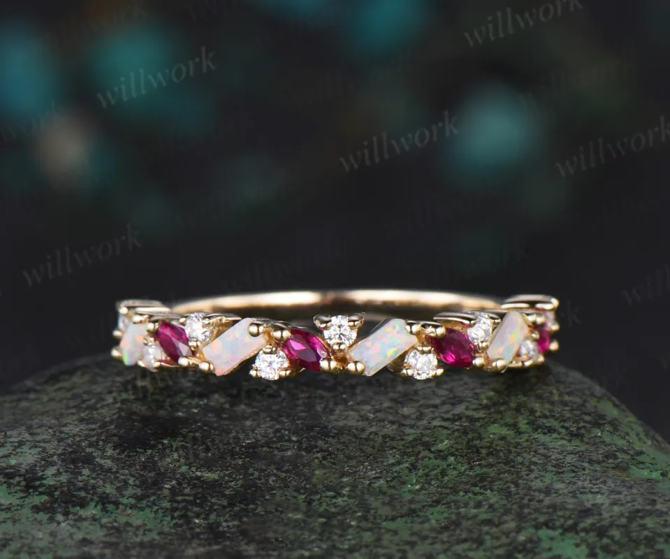 Cluster Baguette cut opal wedding band vintage marquise ruby Multi-Stone ring dainty Matching stacking moissanite Anniversary Gifts sold by Willwork Jewelry