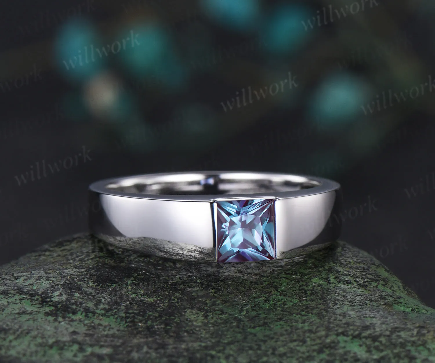Princess Cut Color-Change Alexandrite mens Wedding Band solid 14k white gold Color-Change Gemston Unique Anniversary Gifts men sold by Willwork Jewelry product image thumbnail 4