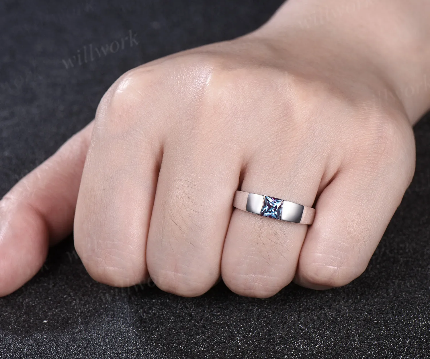 Princess Cut Color-Change Alexandrite mens Wedding Band solid 14k white gold Color-Change Gemston Unique Anniversary Gifts men sold by Willwork Jewelry product image thumbnail 5