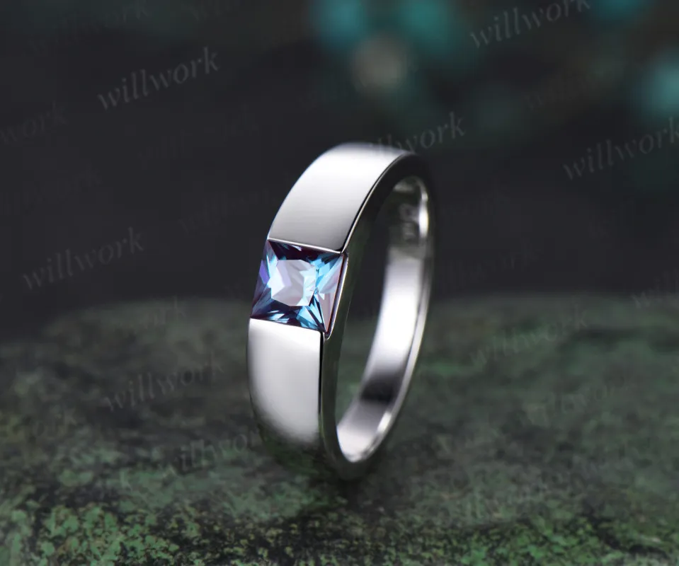 Princess Cut Color-Change Alexandrite mens Wedding Band solid 14k white gold Color-Change Gemston Unique Anniversary Gifts men sold by Willwork Jewelry