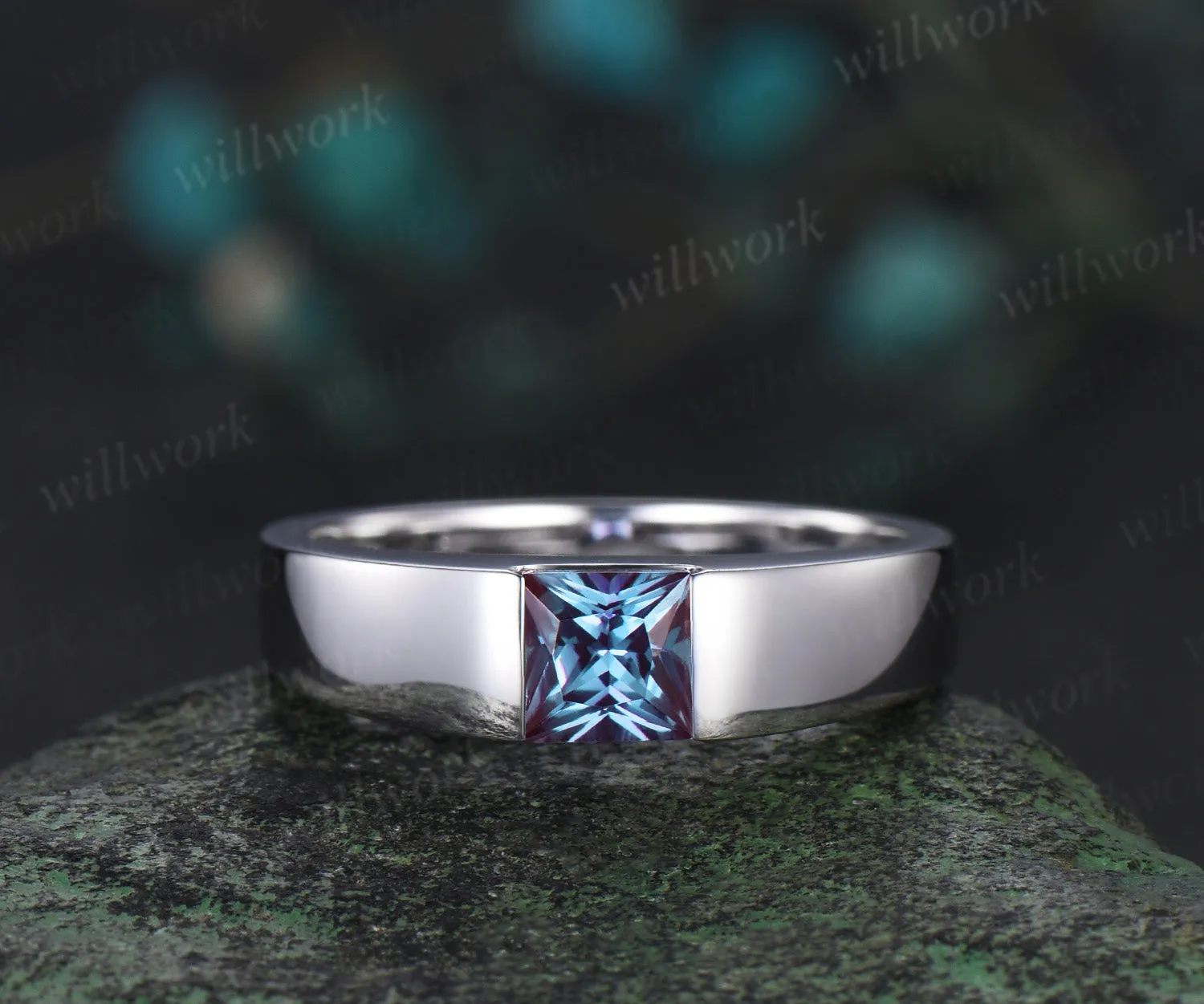 Princess Cut Color-Change Alexandrite mens Wedding Band solid 14k white gold Color-Change Gemston Unique Anniversary Gifts men sold by Willwork Jewelry product image thumbnail 2